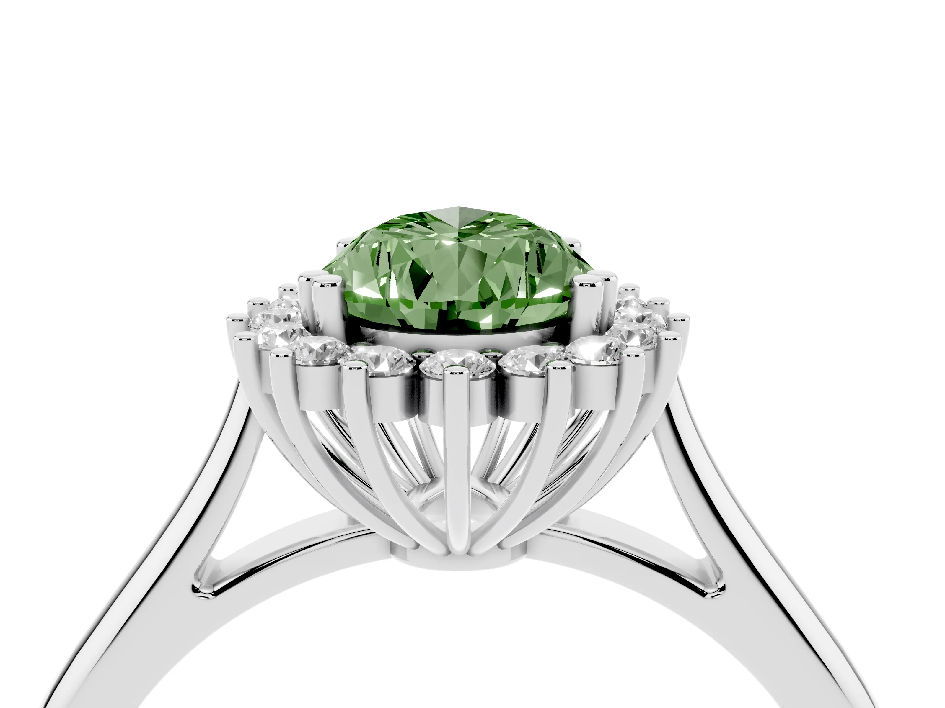 Fancy Green Pear Cut Diamond Halo Ring Set in Silver with Plain Solitaire Band and Prong Setting