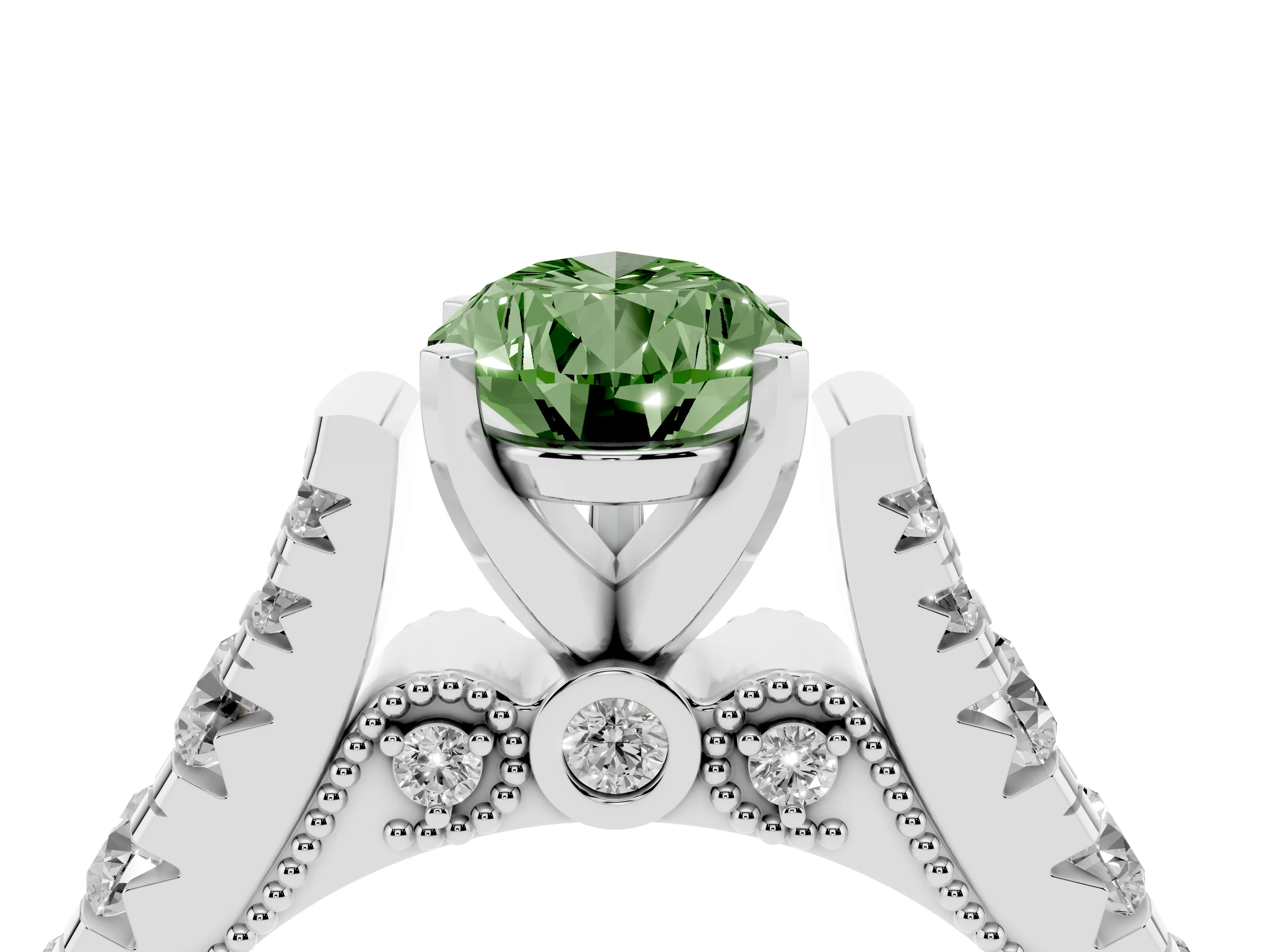 Fancy Green Pear Cut Diamond Classic Solitaire Ring Set in Platinum with Pavé Band and Prong Setting