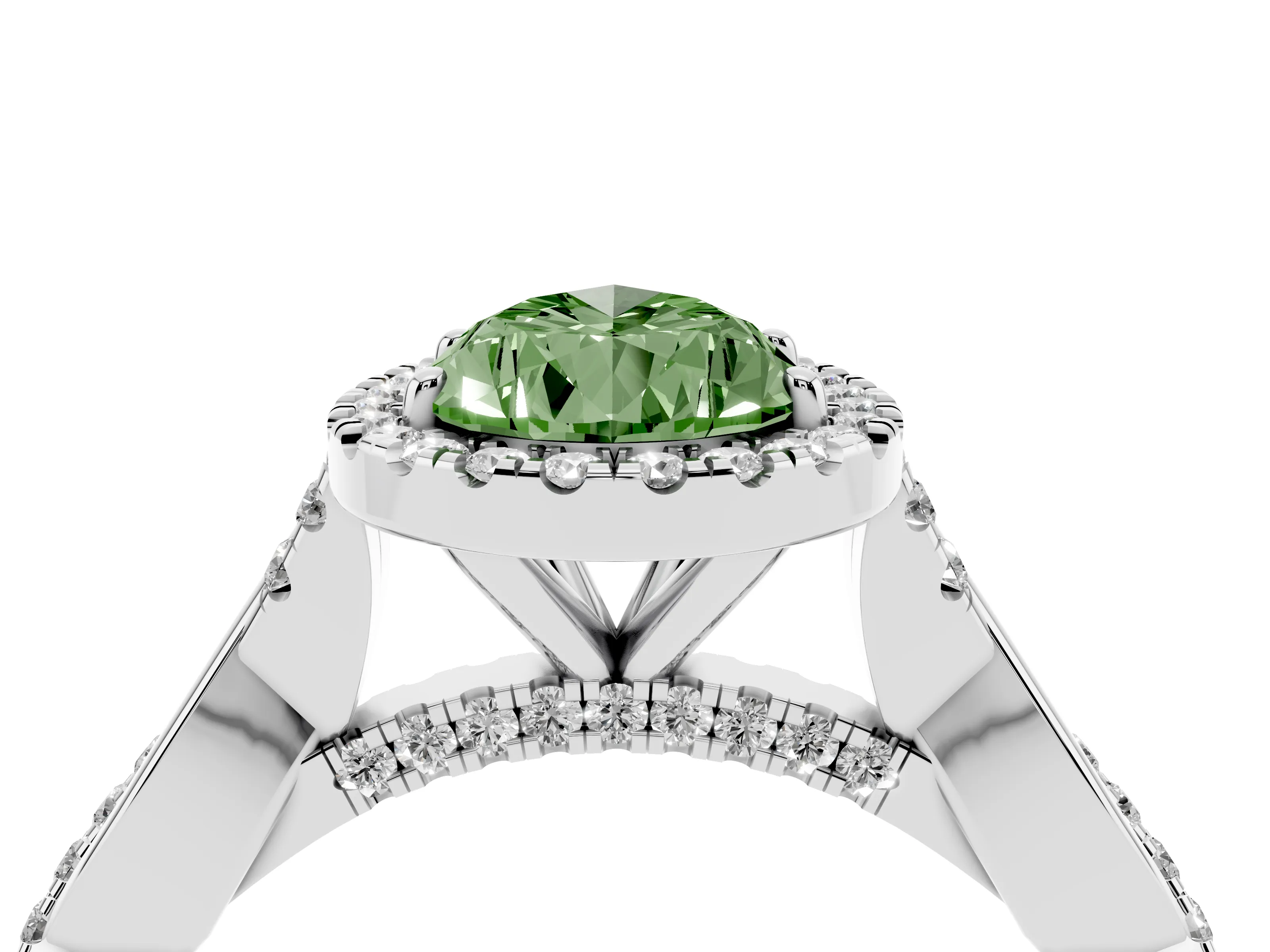 Fancy Green Pear Cut Diamond Halo Twist Band Solitaire Ring Set in White gold with Prong Setting