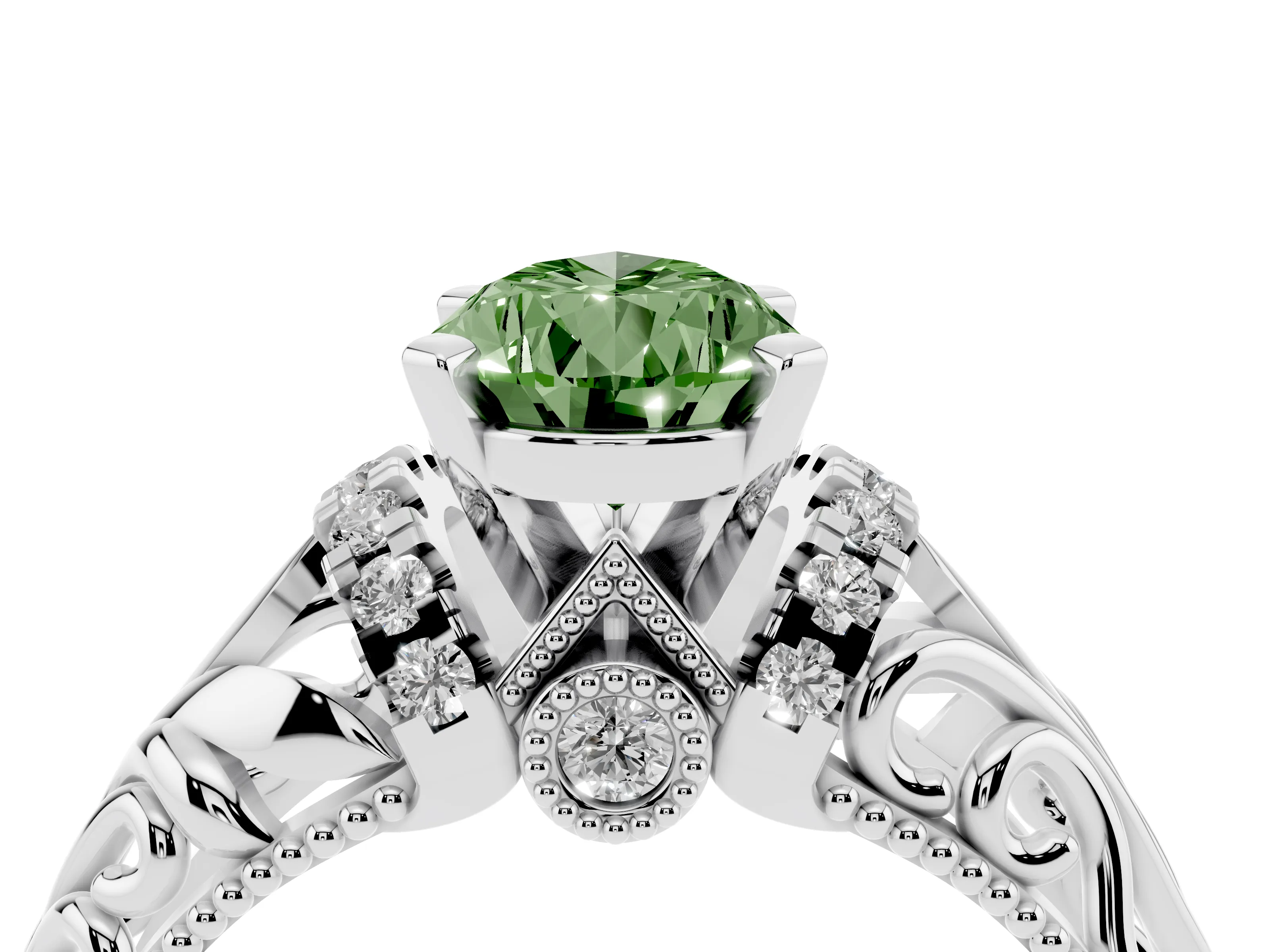 Fancy Green Pear Cut Diamond Filigree Halo Engagement Ring Set in White gold with Prong Setting