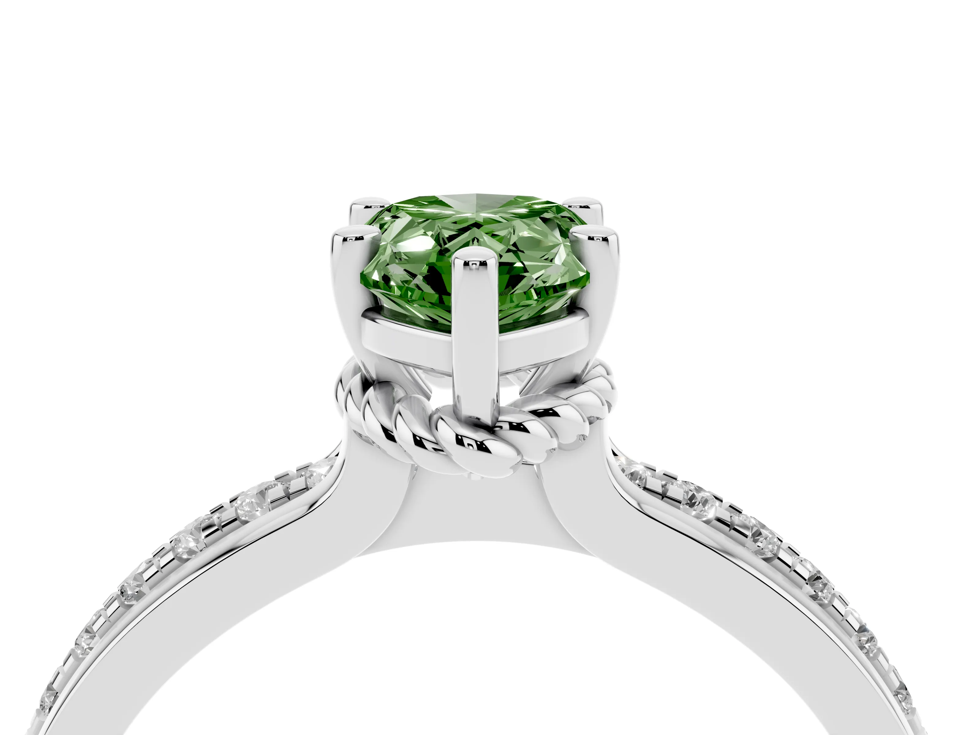 Fancy Green Pear Cut Diamond Solitaire Ring Set in Silver with Channel Set Band and Prong Setting