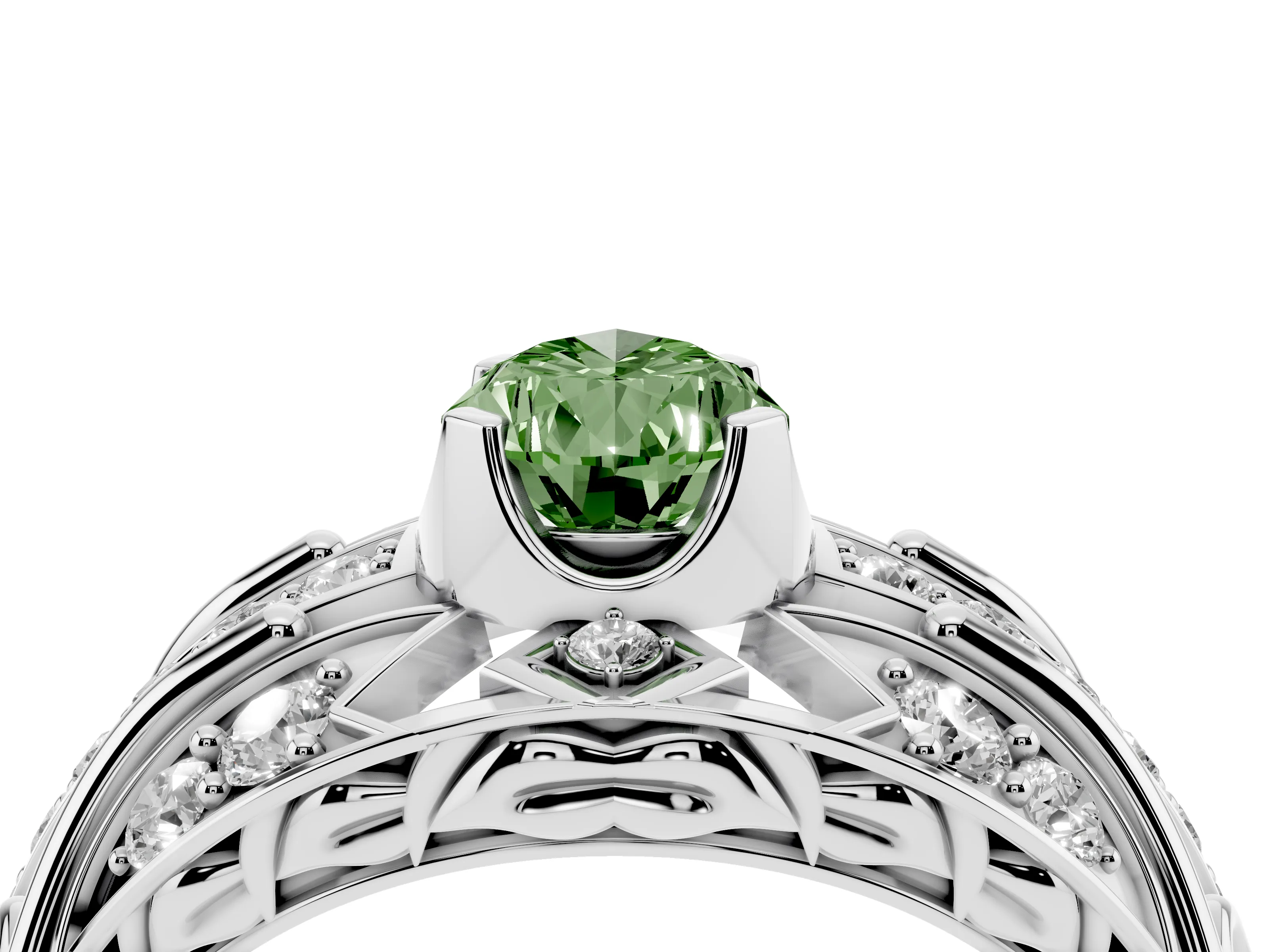 Fancy Green Pear Cut Diamond Art Deco Ring Set in Platinum with Pavé Split Shank