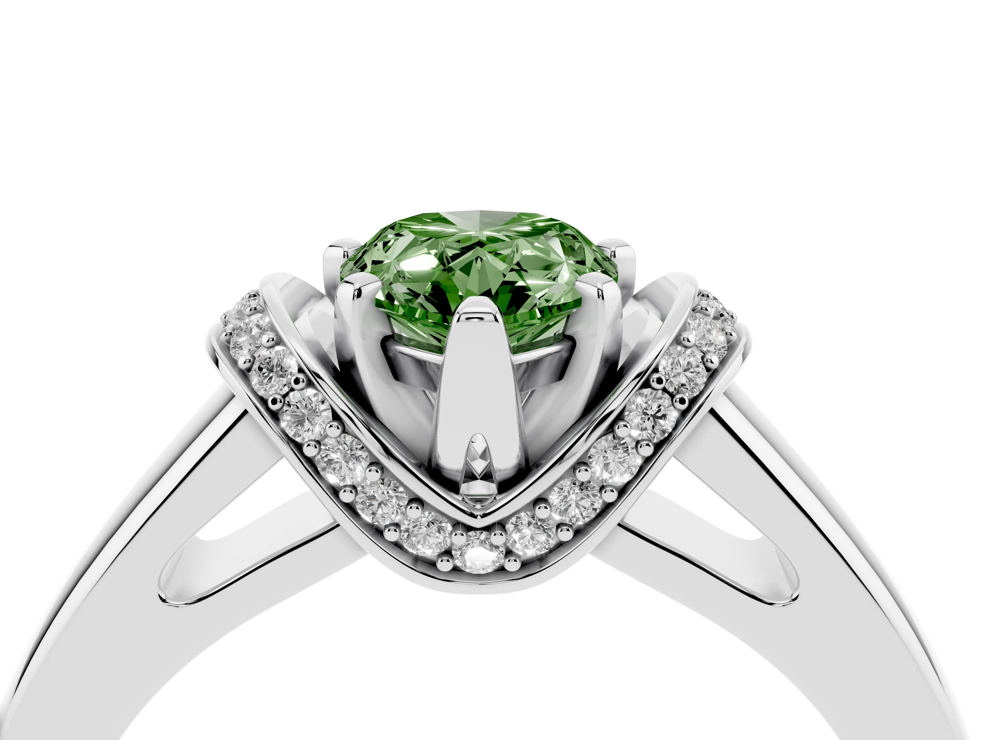 Fancy Green Pear Cut Diamond Pavé Band Solitaire Ring Set in Platinum with Prong Setting