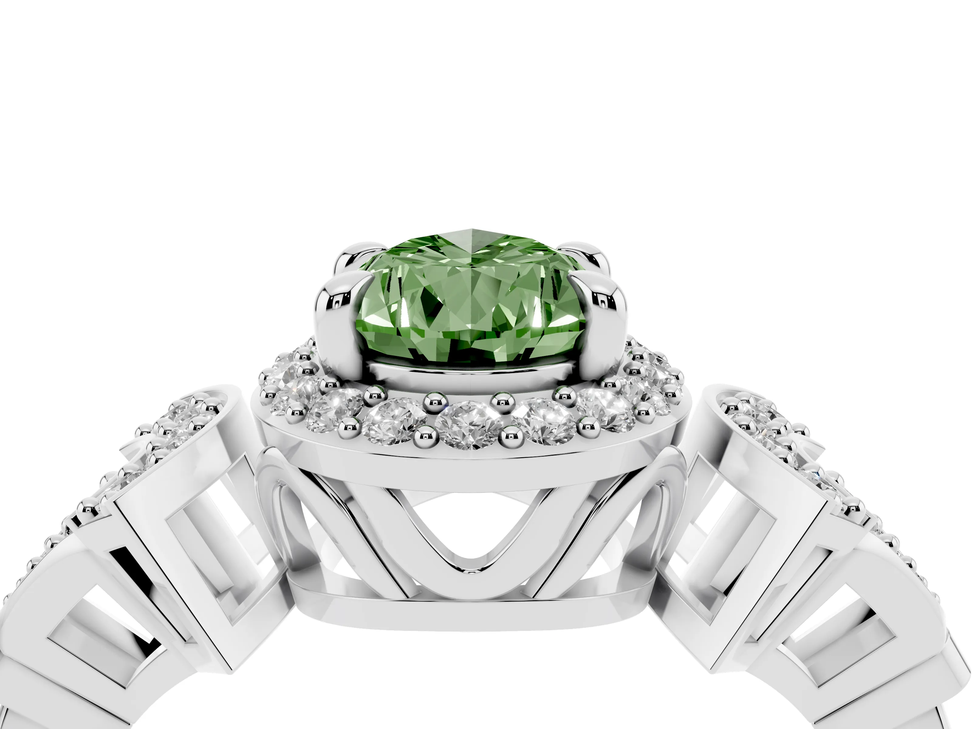 Fancy Green Pear Cut Diamond Halo Engagement Ring Set in Silver with Accent Stone Split Shank
