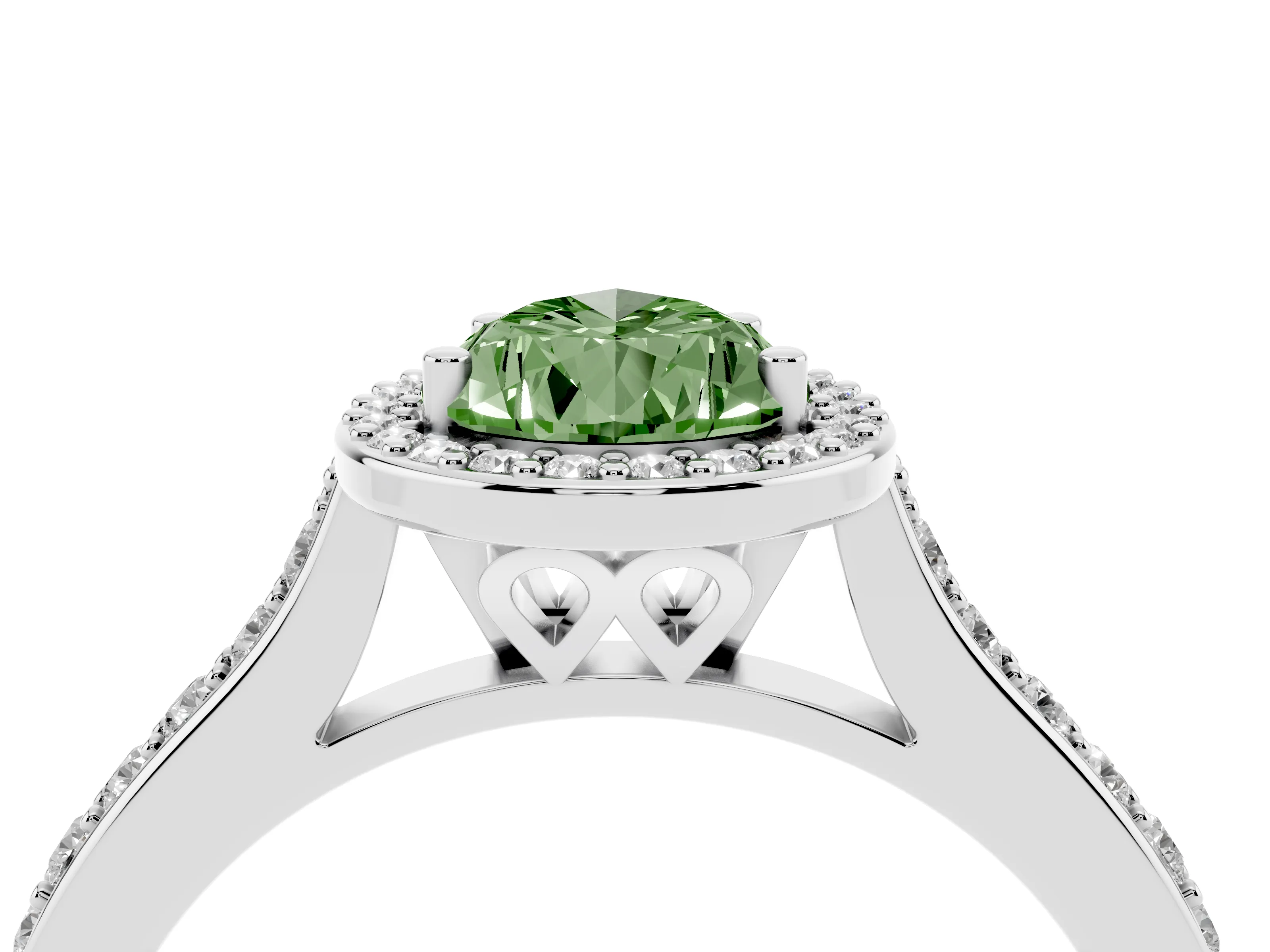 Fancy Green Pear Cut Diamond Halo Engagement Ring Set in Platinum with Round Pavé Shoulders and Heart Gallery