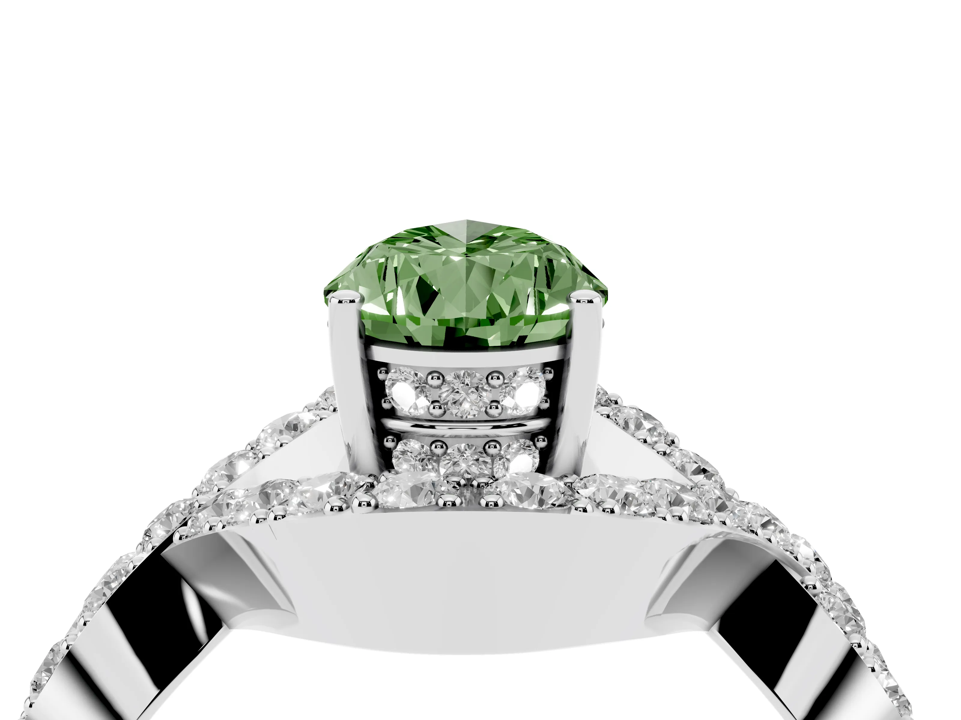 Fancy Green Pear Cut Diamond Solitaire Twist Band Pavé Engagement Ring Set in White gold