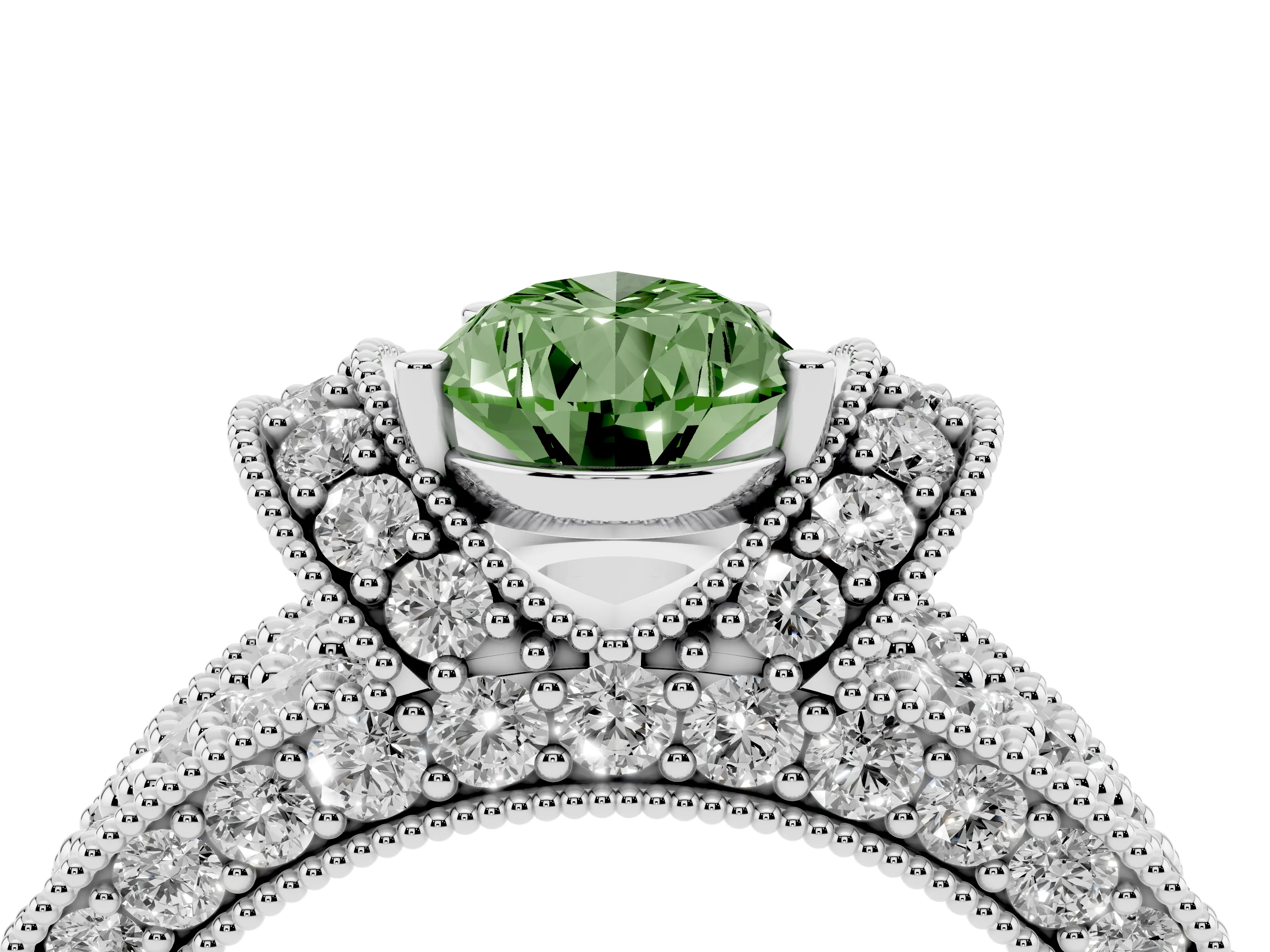Fancy Green Pear Cut Diamond Milgrain Halo Pavé Engagement Ring Set in Platinum with Prong Setting
