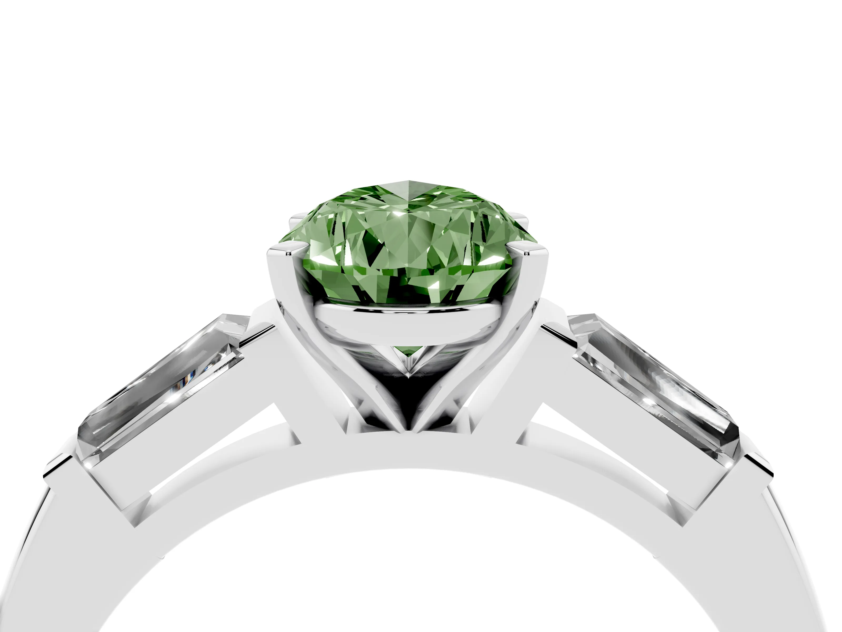 Fancy Green Pear Cut Diamond Solitaire Ring Set in Platinum with Tapered Baguette Side Stones and Prong Setting