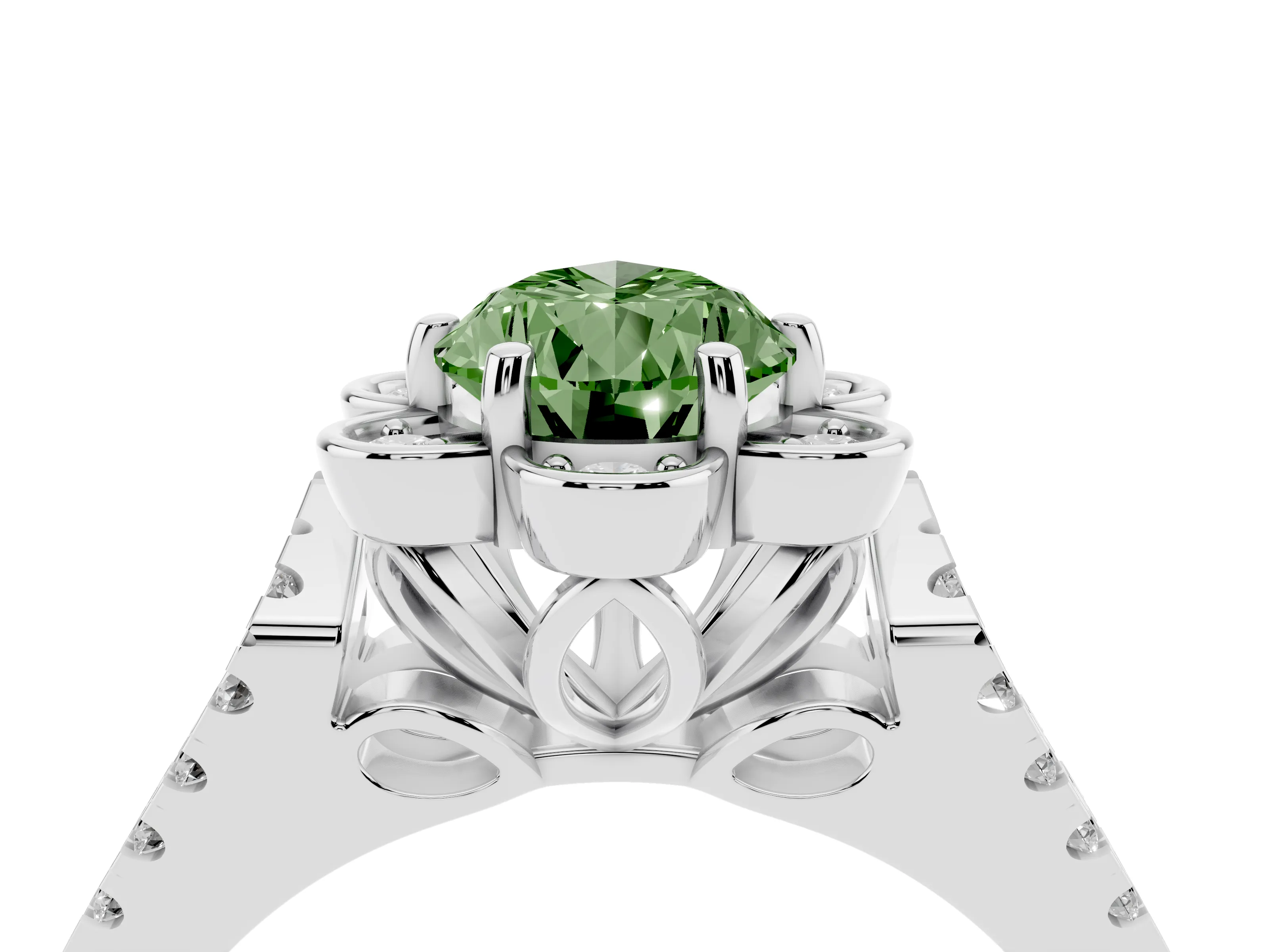 Fancy Green Pear Cut Diamond Floral Halo Split Shank Engagement Ring Set in Platinum with Pavé Shank