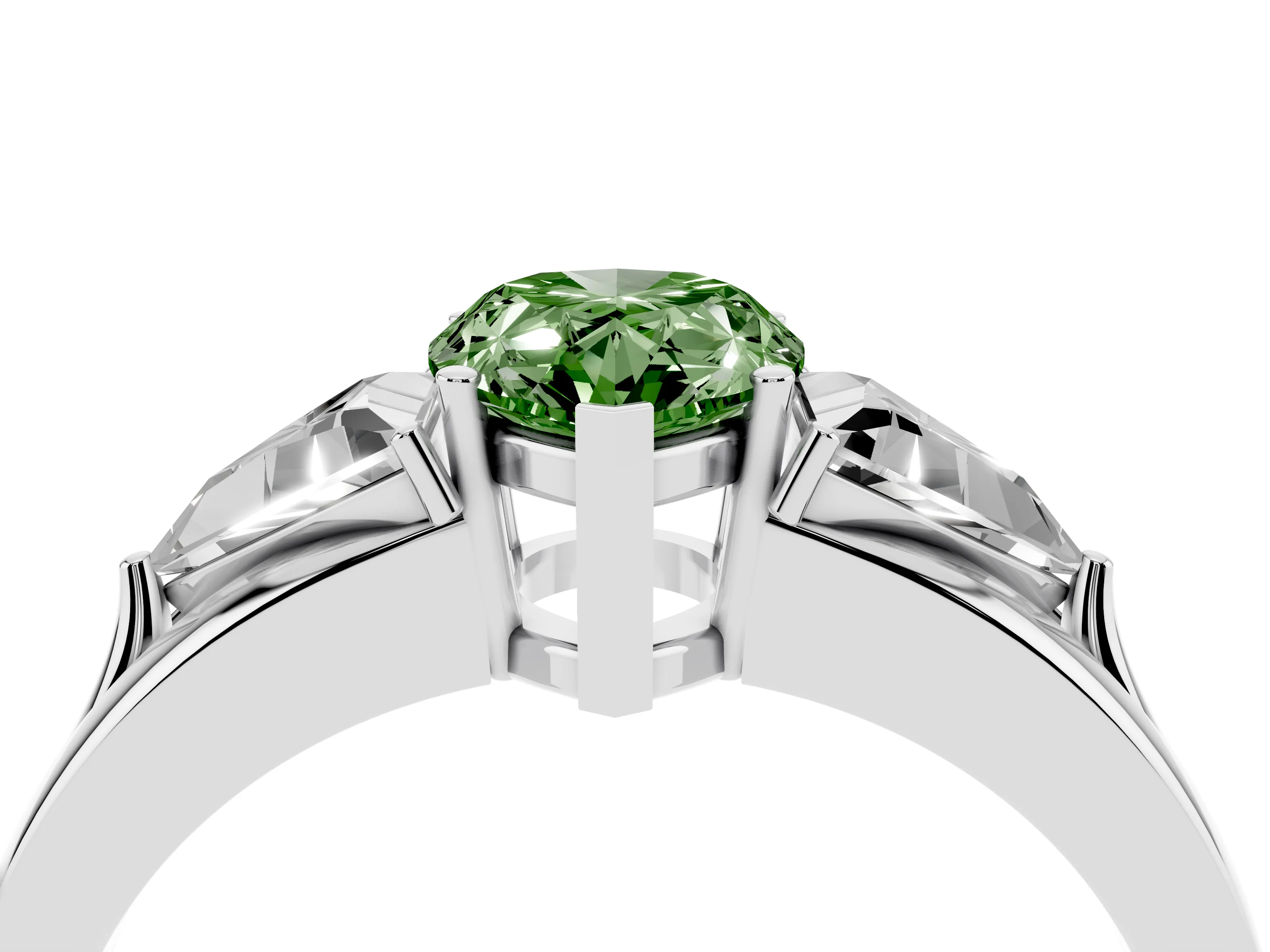 Fancy Green Pear Cut Diamond Three-Stone Ring Set in Silver with Trillion Side Stones and Split Shank