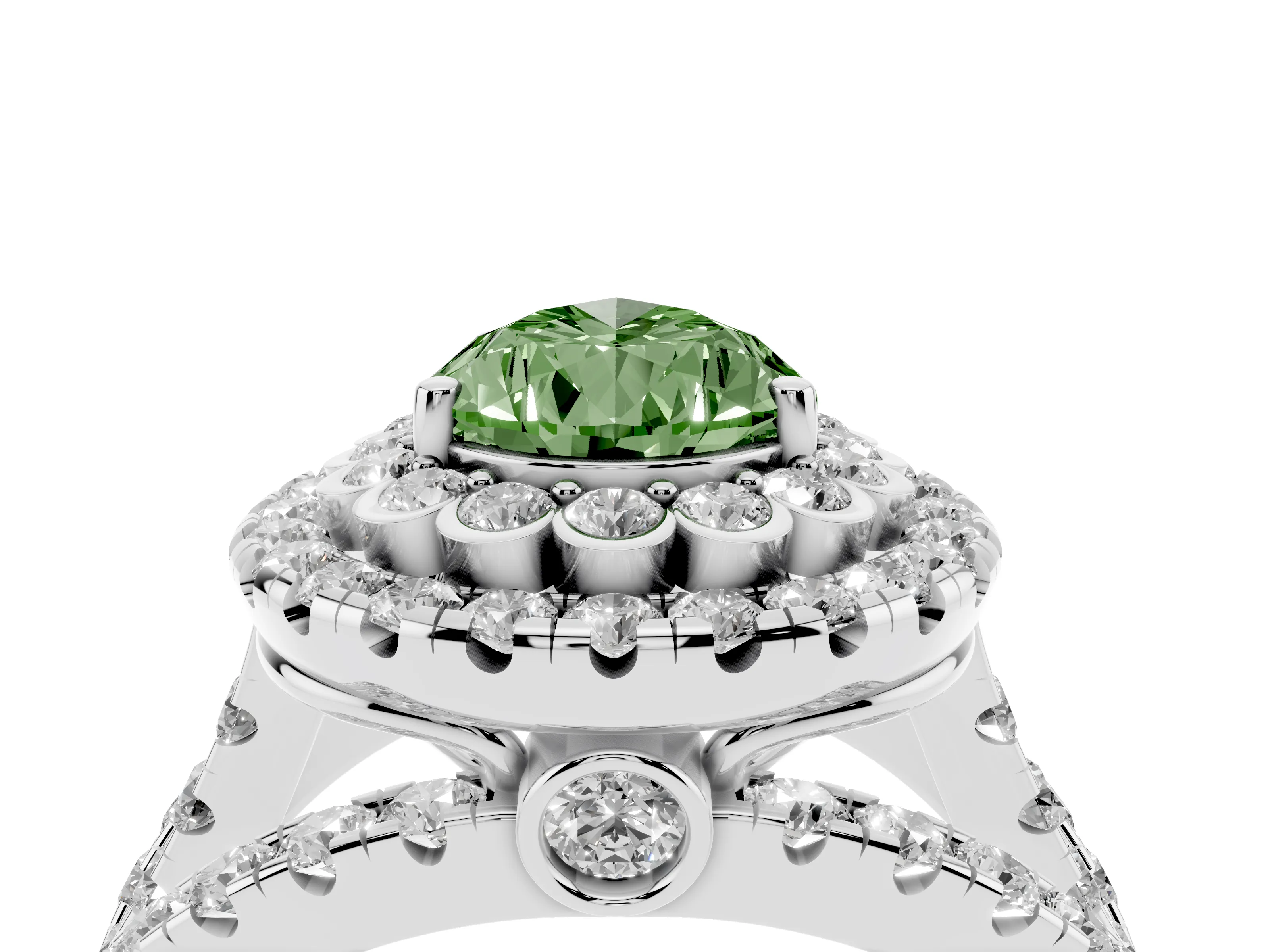 Fancy Green Pear Cut Diamond Double Halo Ring Set in Silver with Round Pavé Split Shank