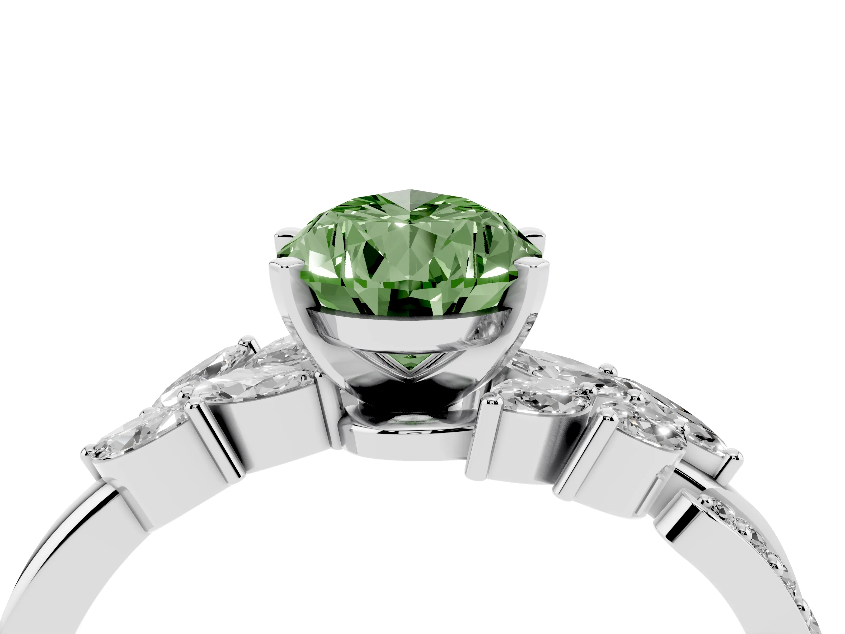Fancy Green Pear Cut Diamond Solitaire Ring Set in Silver with Marquise Twist Band and Prong Setting