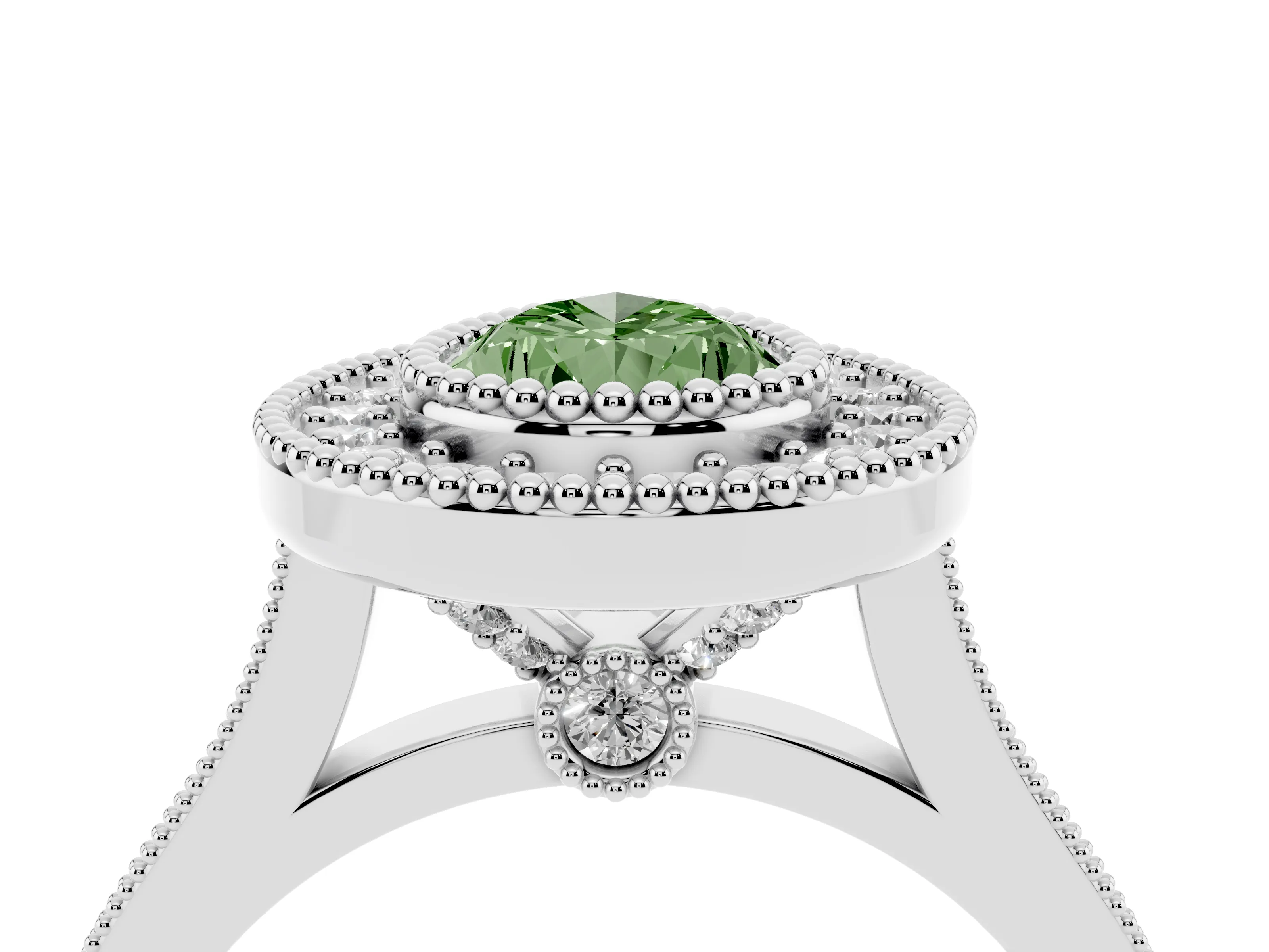 Fancy Green Pear Cut Diamond Halo Ring Set in Silver with Milgrain Frame and Pavé Band