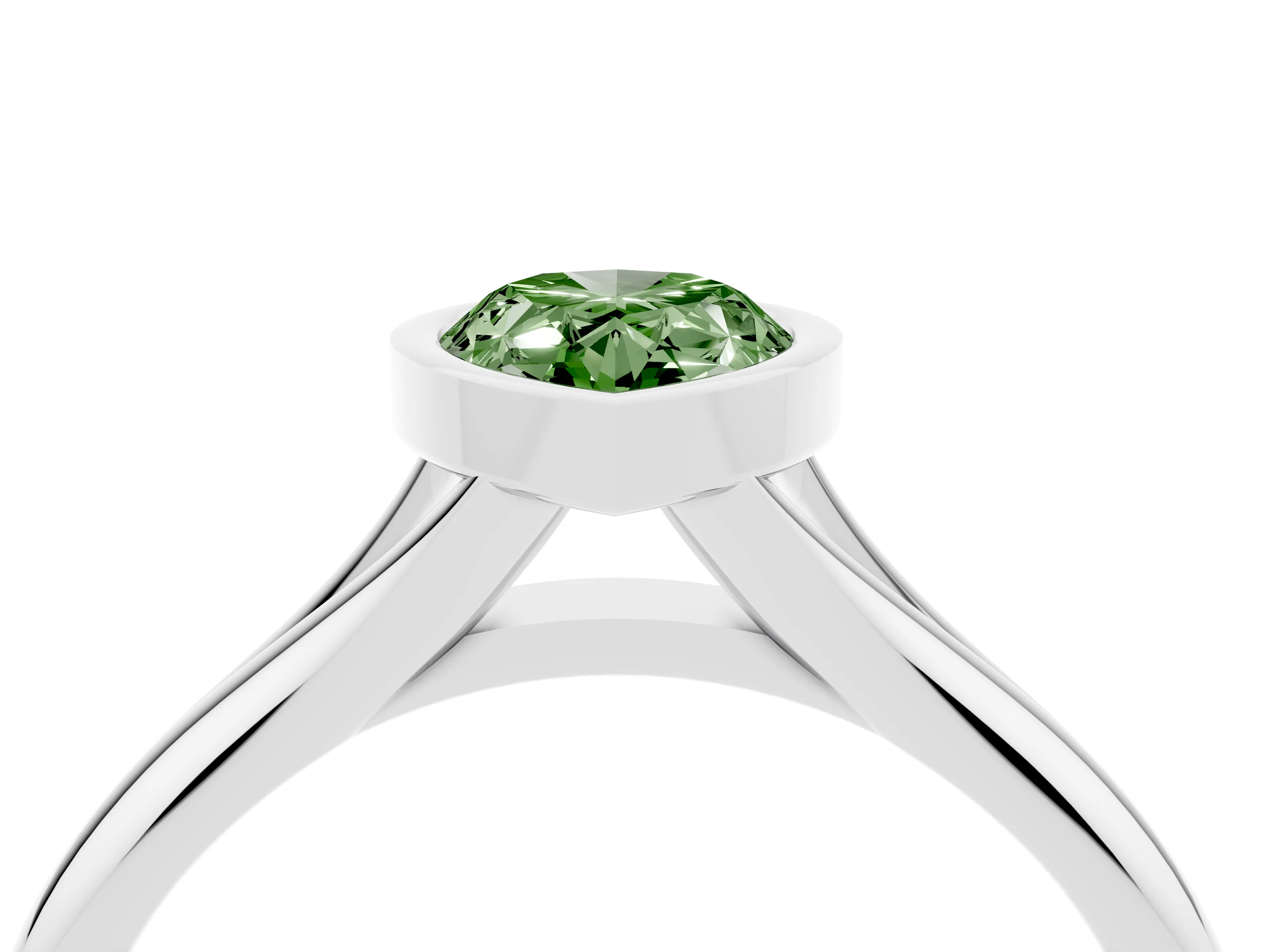 Fancy Green Bezel Set Pear Cut Diamond Solitaire Ring Set in White gold with Smooth Band