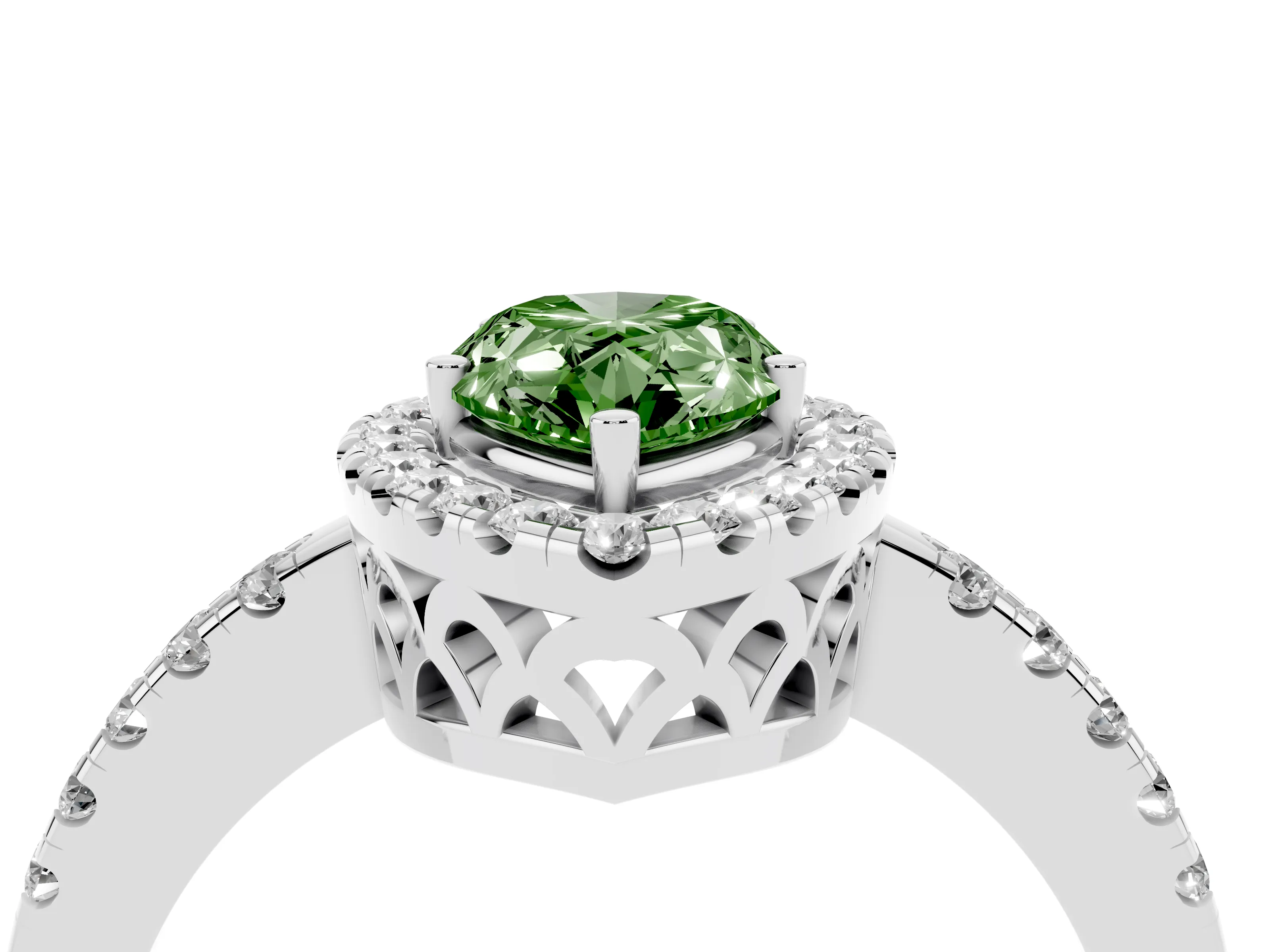 Fancy Green Pear Cut Diamond Pavé Band Halo Engagement Ring Set in Silver with Prong Setting
