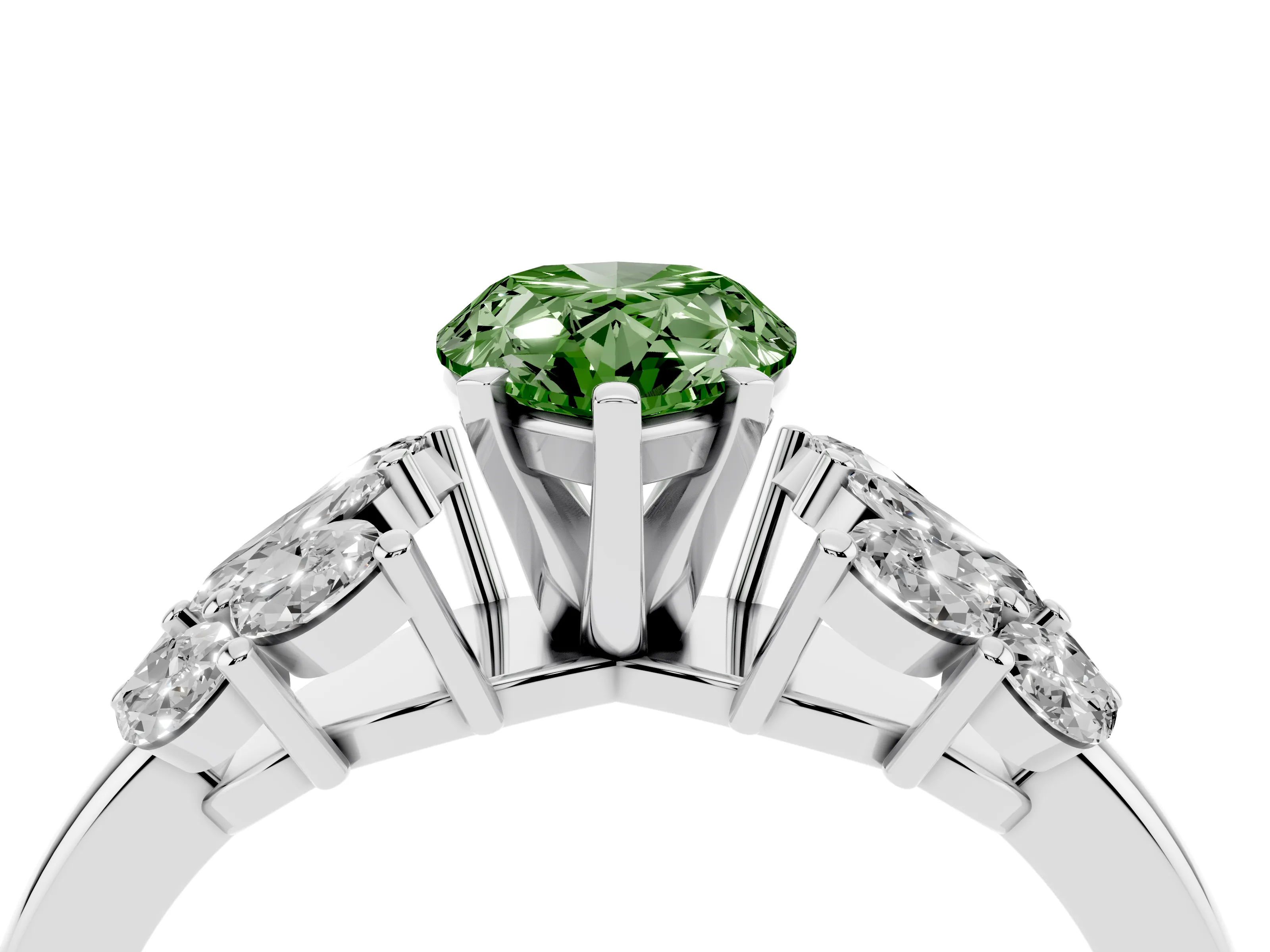 Fancy Green Pear Cut Diamond Cluster Leaf Design Ring Set in Silver with Prong Setting