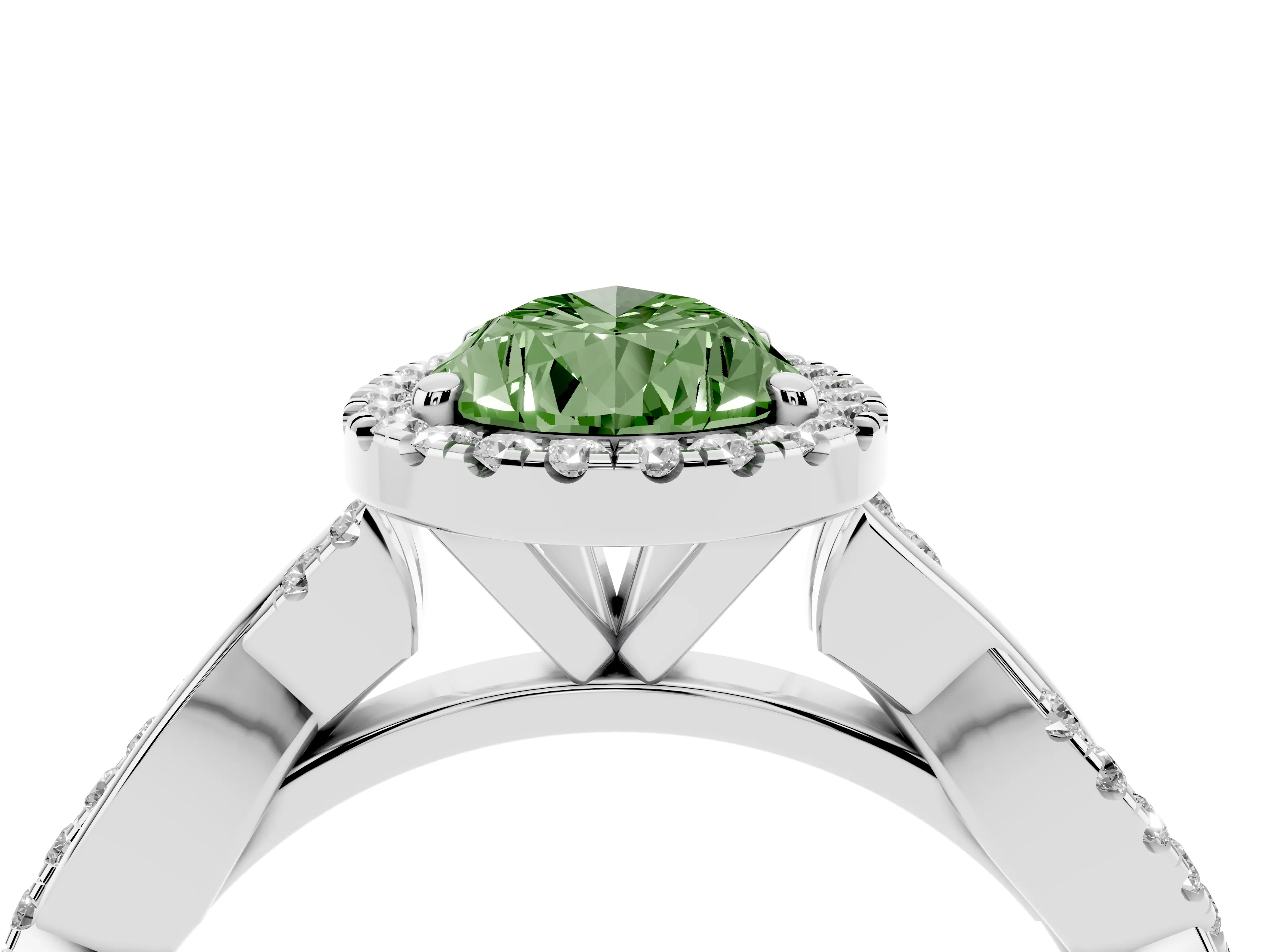 Fancy Green Pear Cut Diamond Halo Twisted Band Ring Set in Platinum with Prong Setting