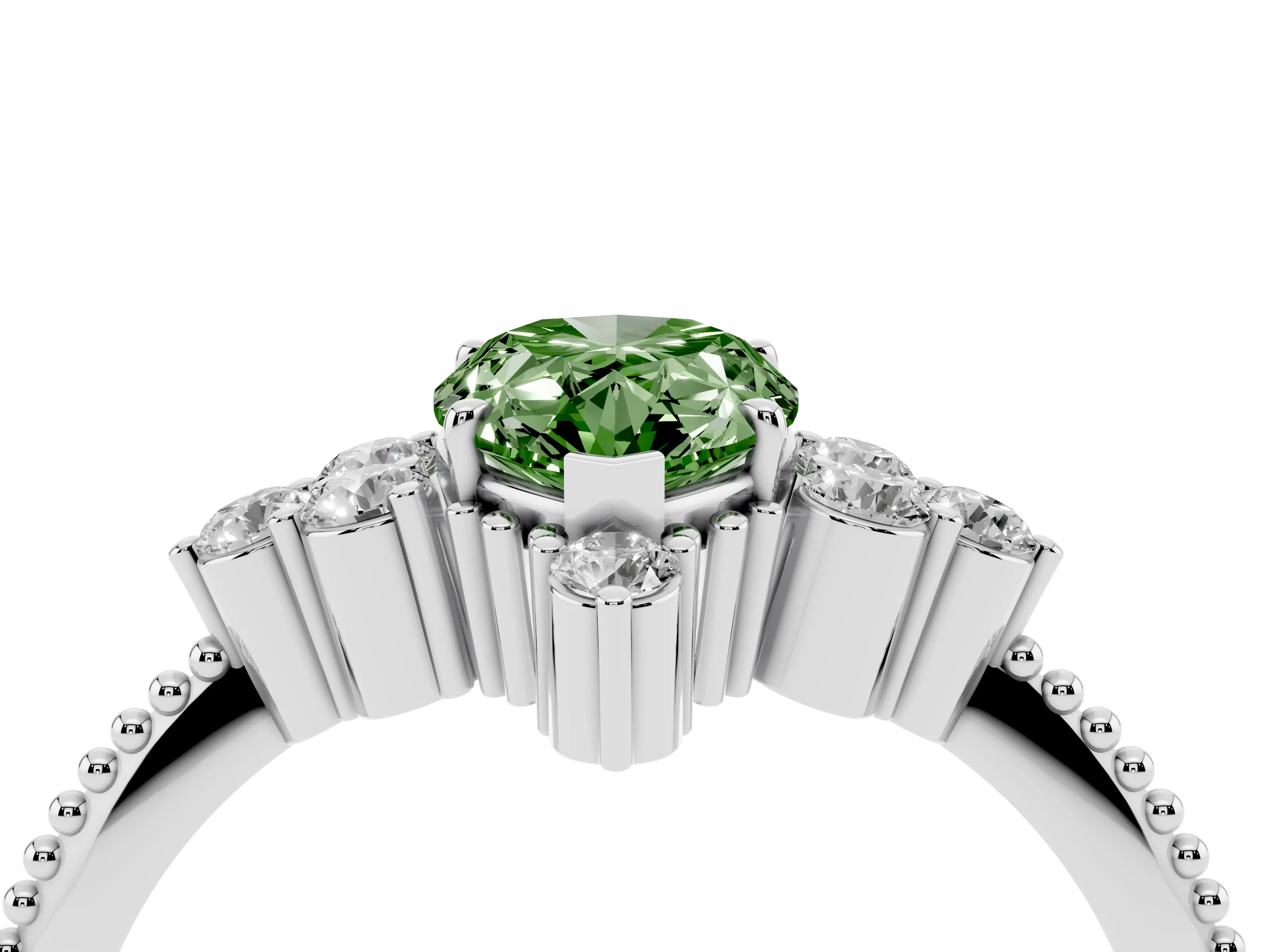 Fancy Green Pear Cut Diamond Cluster Ring Set in Silver with Beaded Band