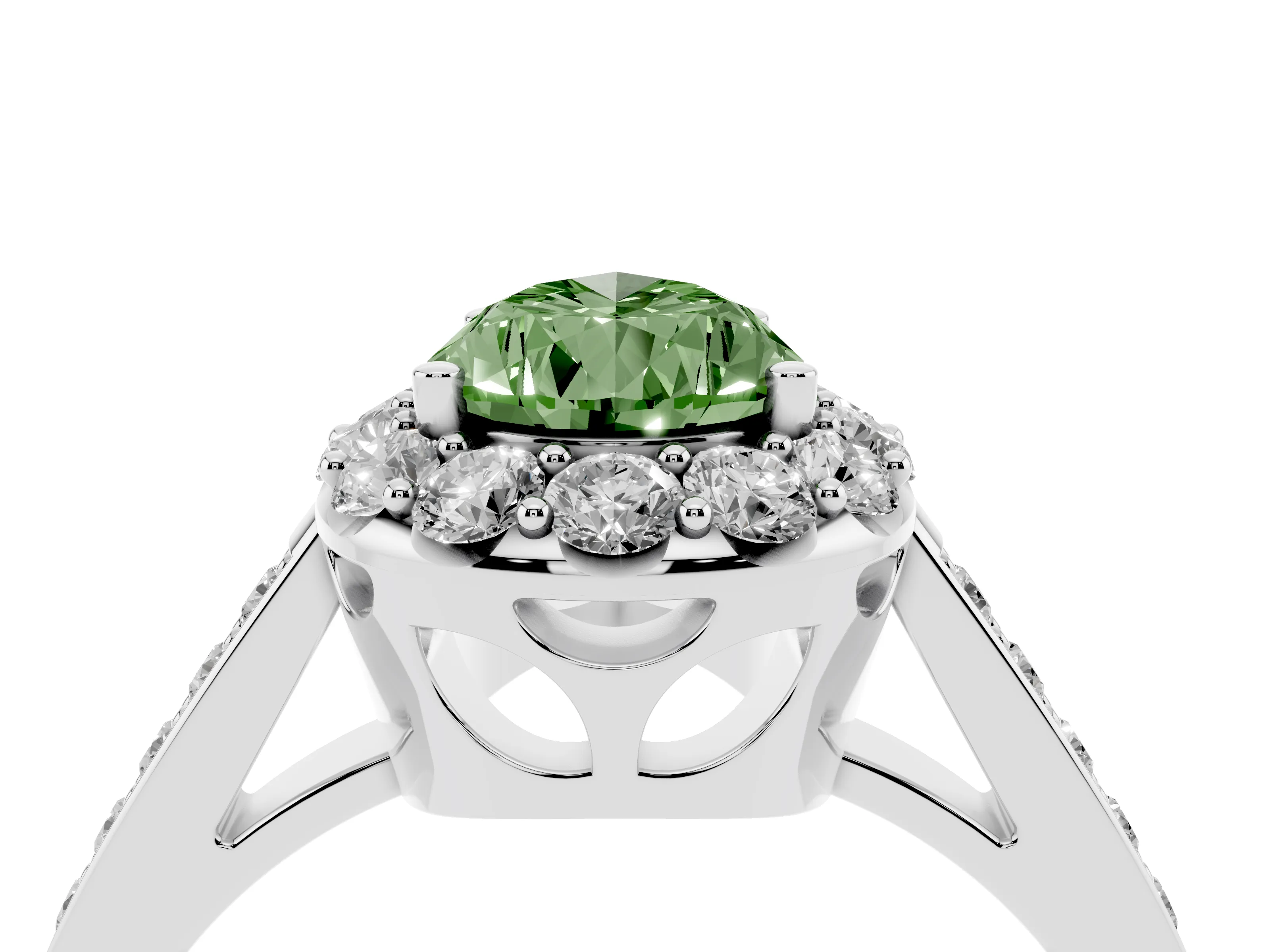 Fancy Green Pear Cut Diamond Floral Halo Ring Set in White gold with Pavé Band and Prong Setting
