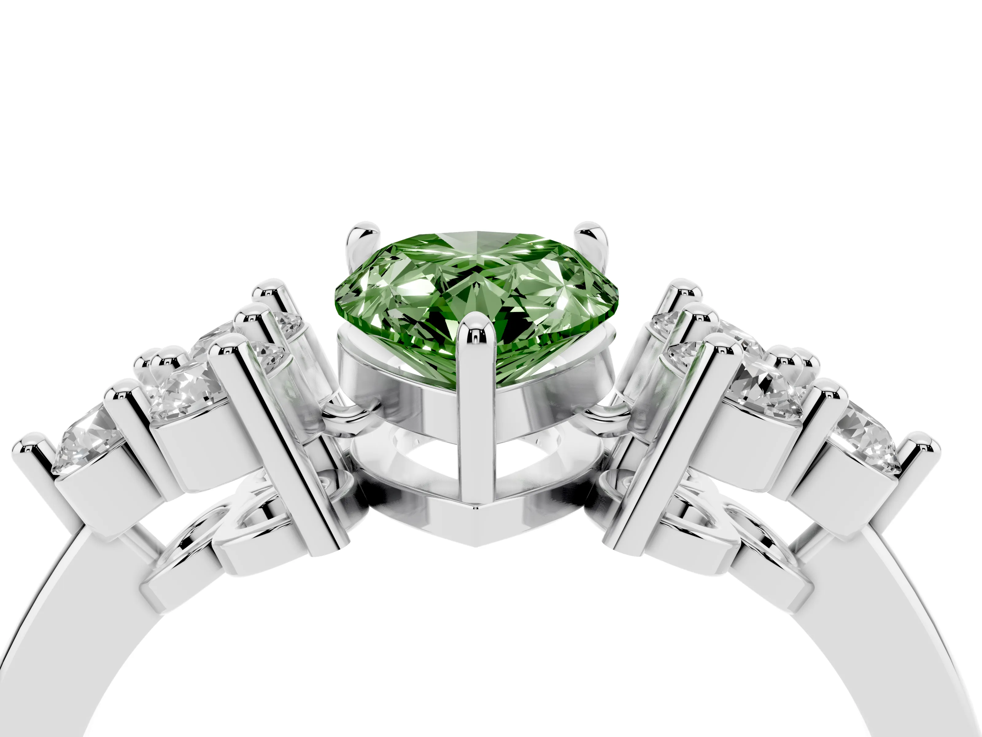 Fancy Green Pear Cut Diamond Solitaire Ring Set in Silver with Cluster Accents on Each Side