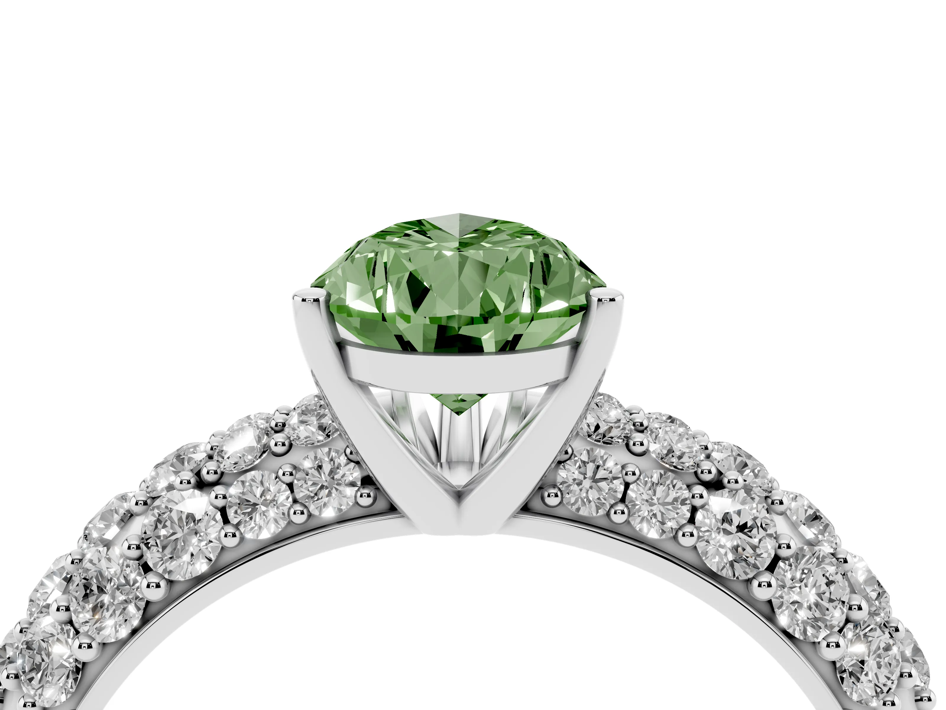 Fancy Green Pear Cut Diamond Pavé Band Solitaire Ring Set in White gold with Close-Set Accent Stones and Prong Setting