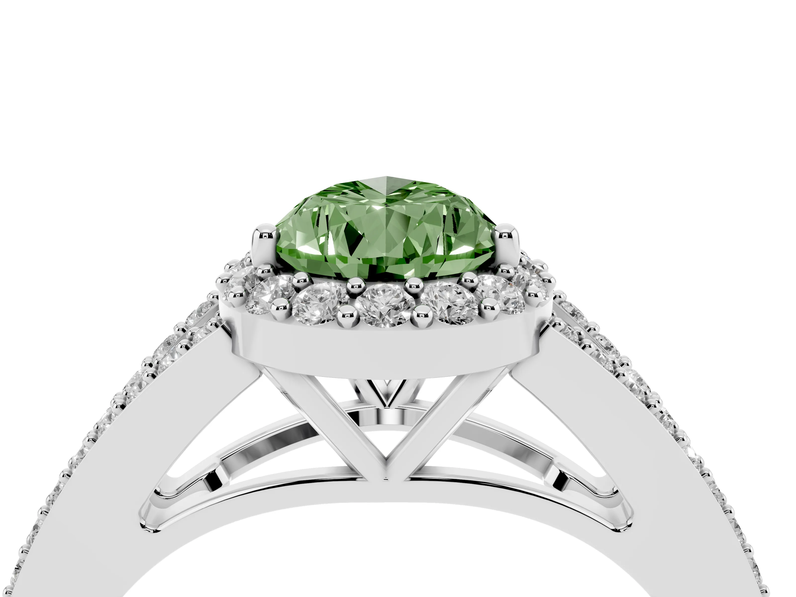 Fancy Green Pear Cut Diamond Halo Split Shank Pavé Ring Set in Silver with Prong Setting