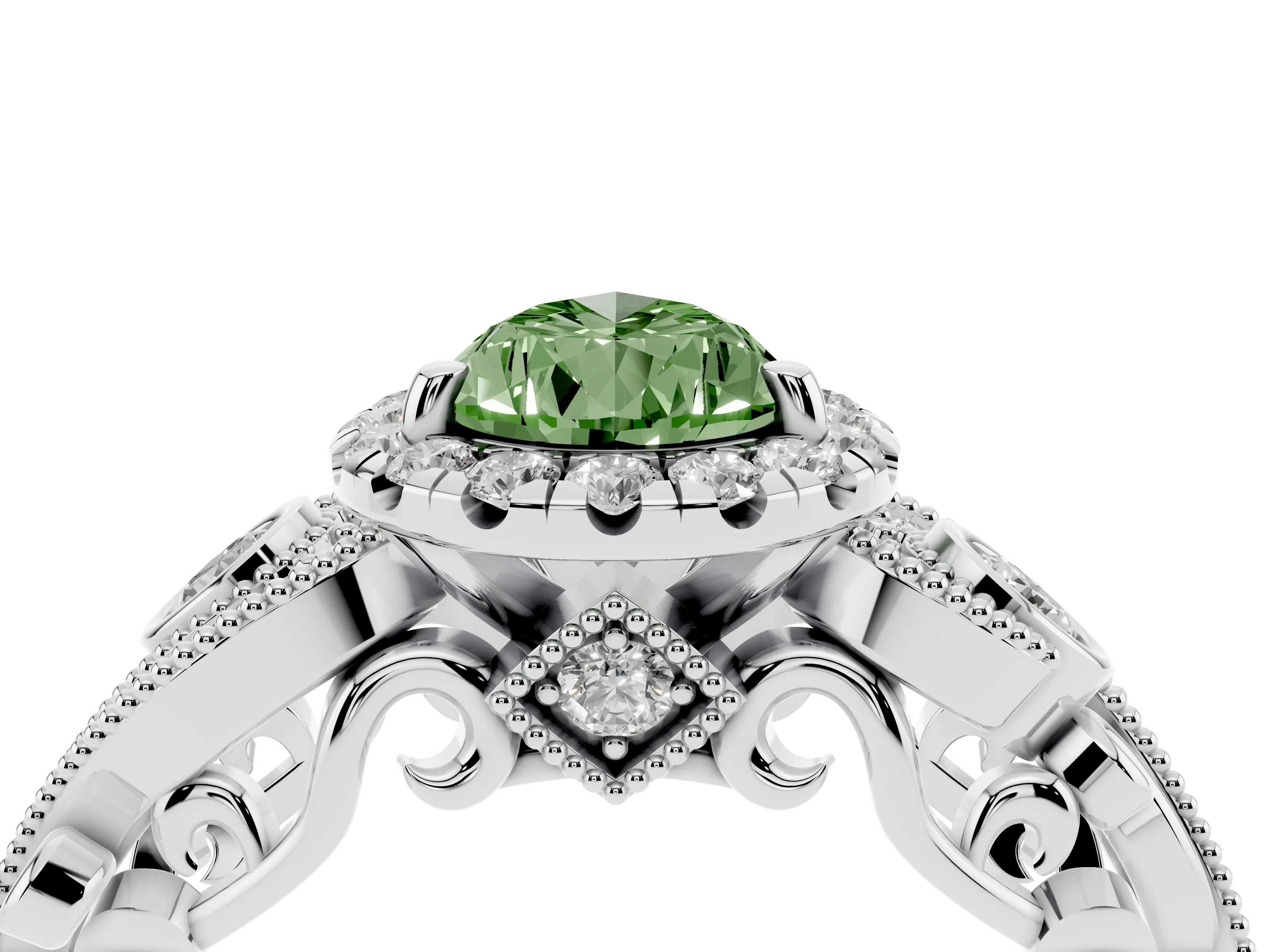 Fancy Green Pear Cut Diamond Halo Ring Set in Silver with Milgrain Pavé Band and Prong Setting