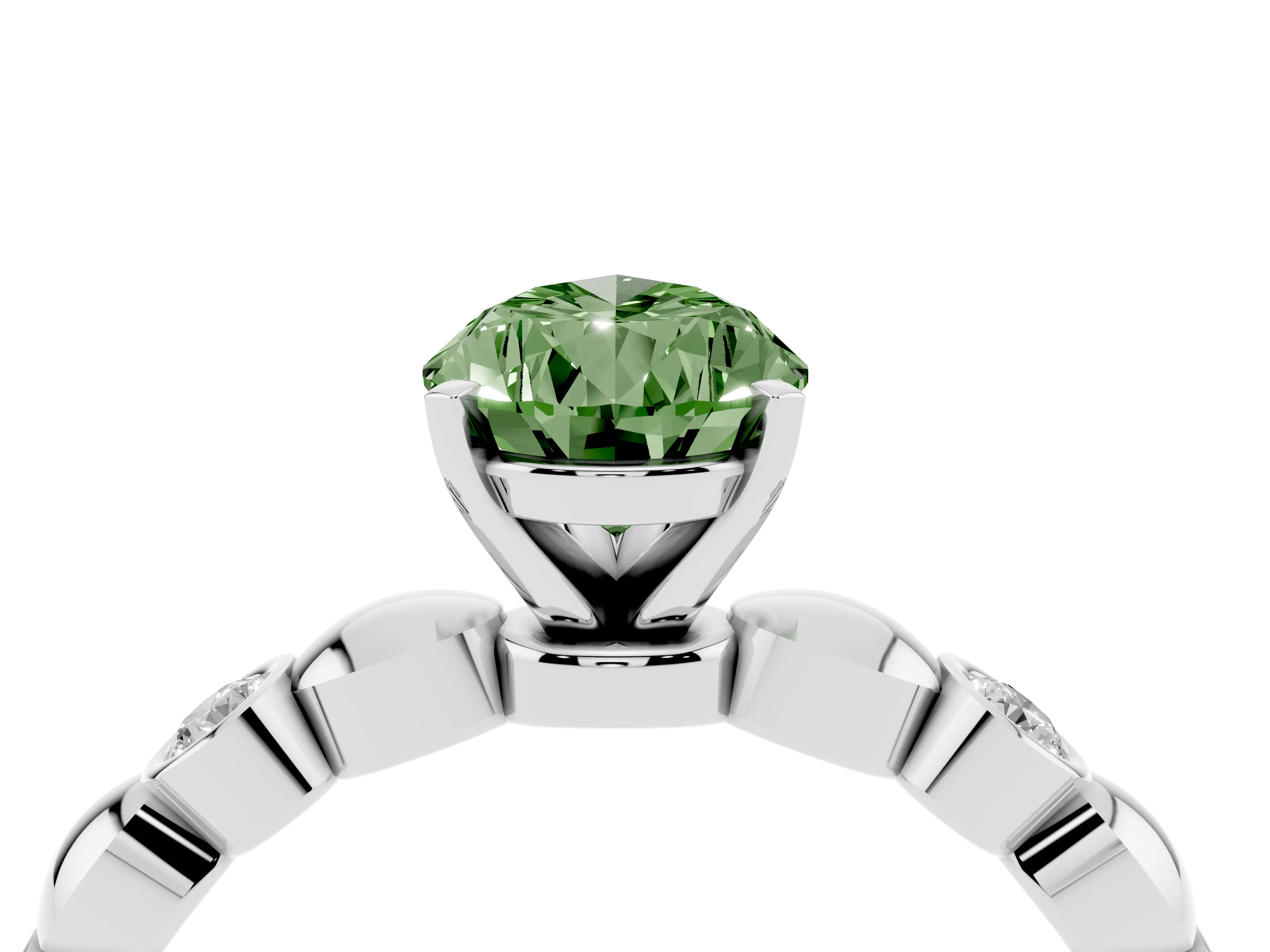Fancy Green Pear Cut Diamond Solitaire Ring Set in Silver with Bezel-Set Accents on Beaded Band and Prong Setting
