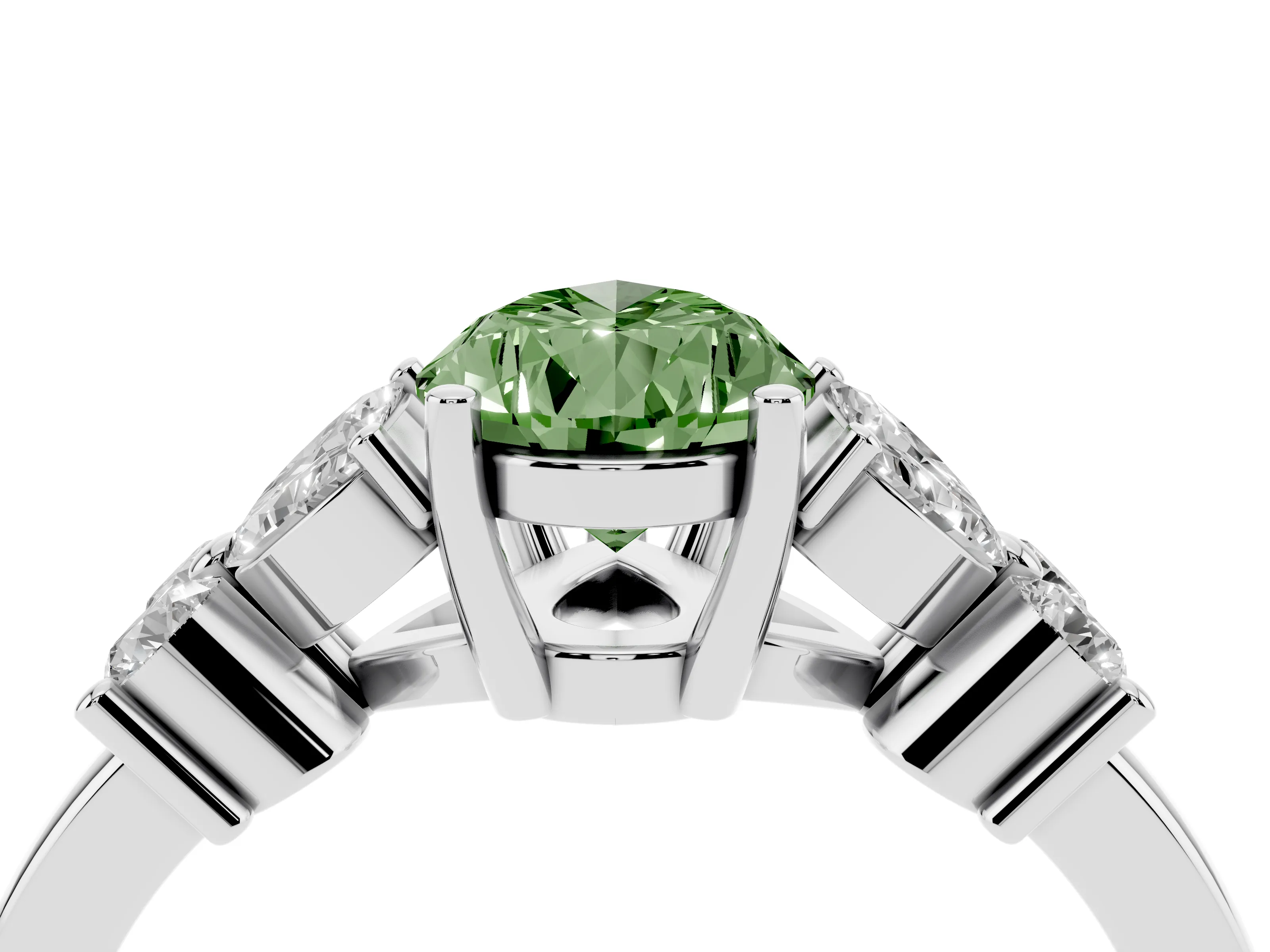Fancy Green Pear Cut Diamond Floral Cluster Ring Set in Silver with Marquise Petals and Prong Setting