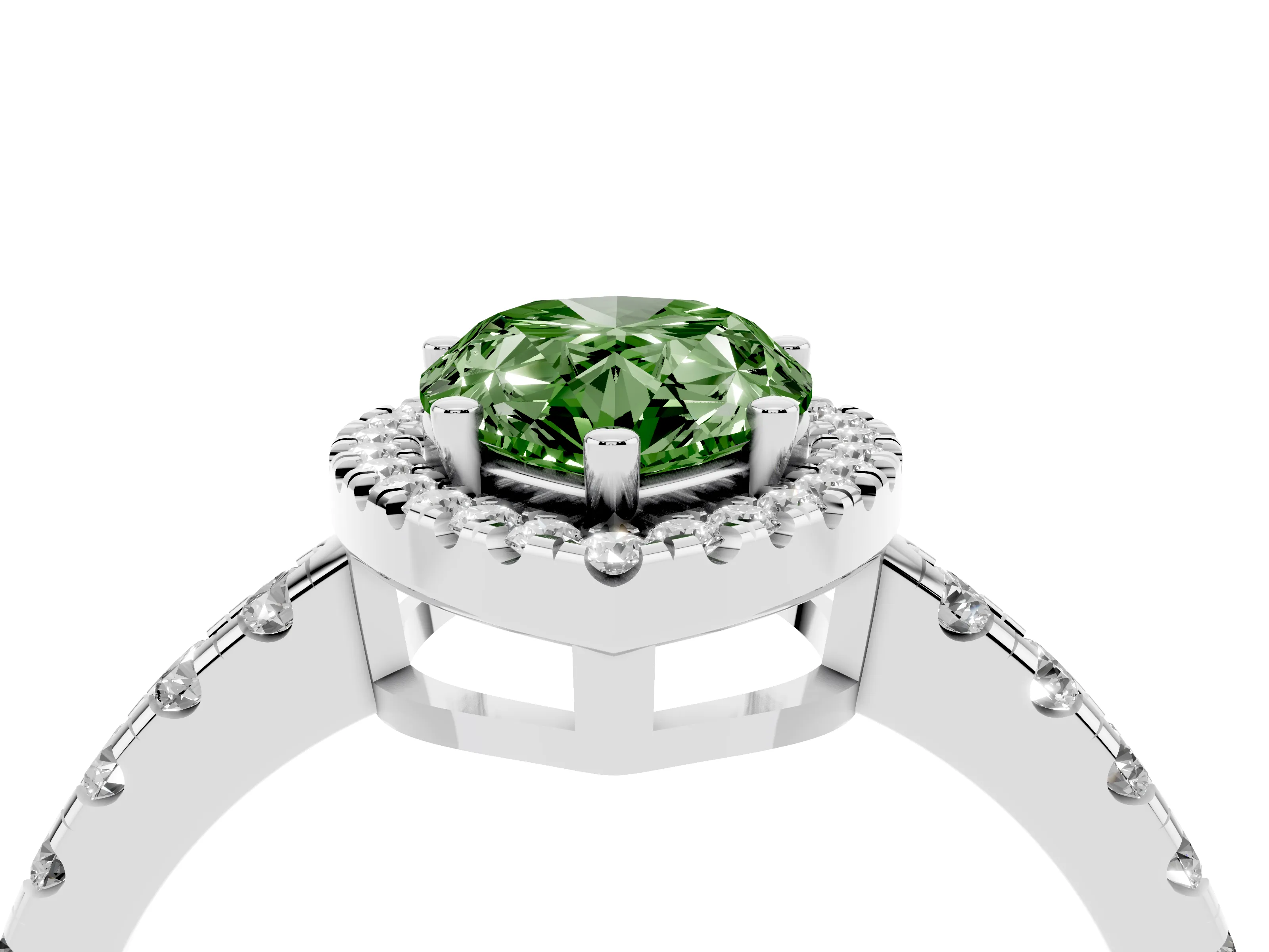 Fancy Green Pear Cut Diamond Halo Ring Set in Platinum with Delicate Pavé Band and Prong Setting