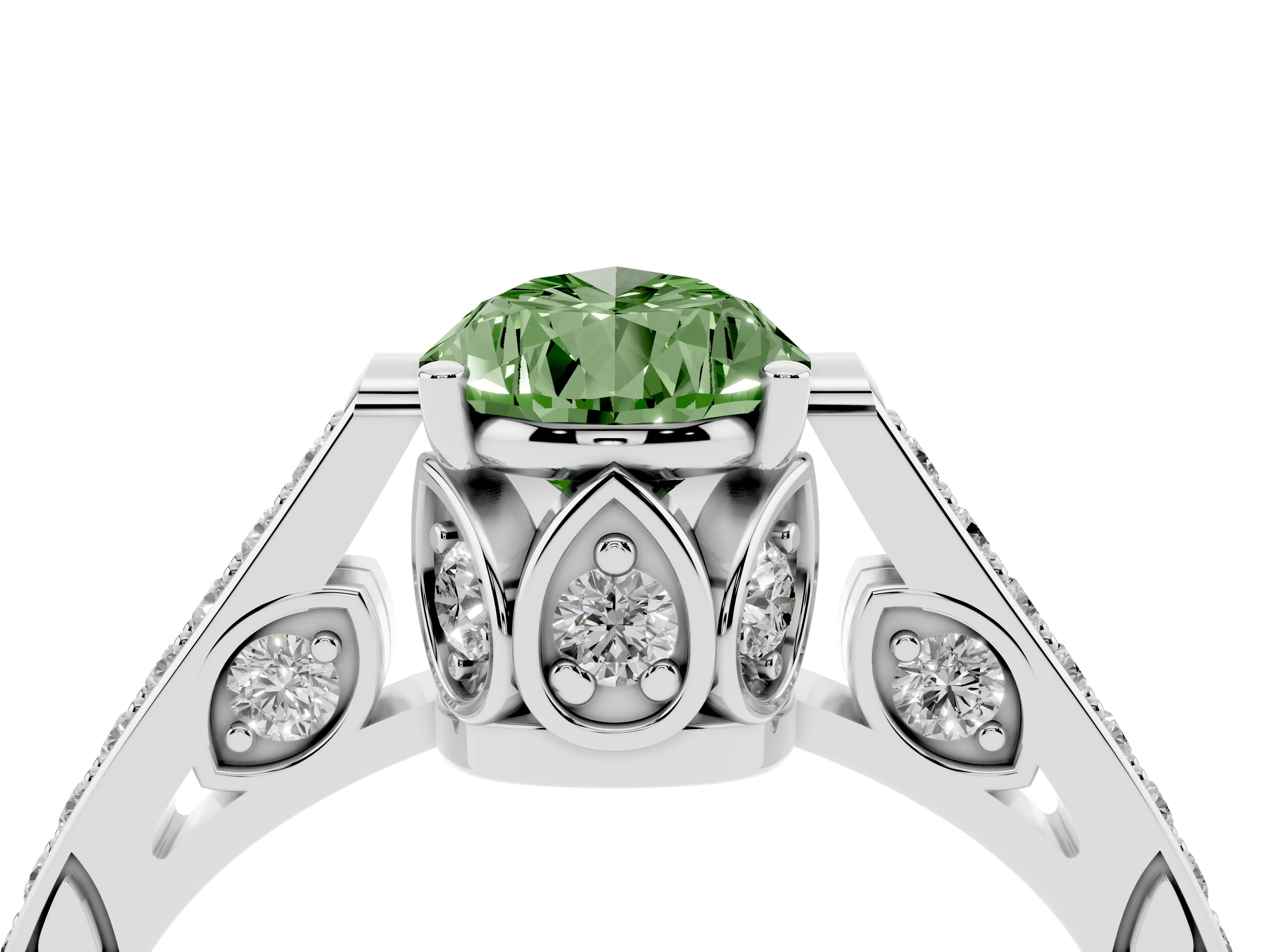 Fancy Green Pear Cut Diamond Cathedral Pavé Engagement Ring Set in White gold with Prong Setting