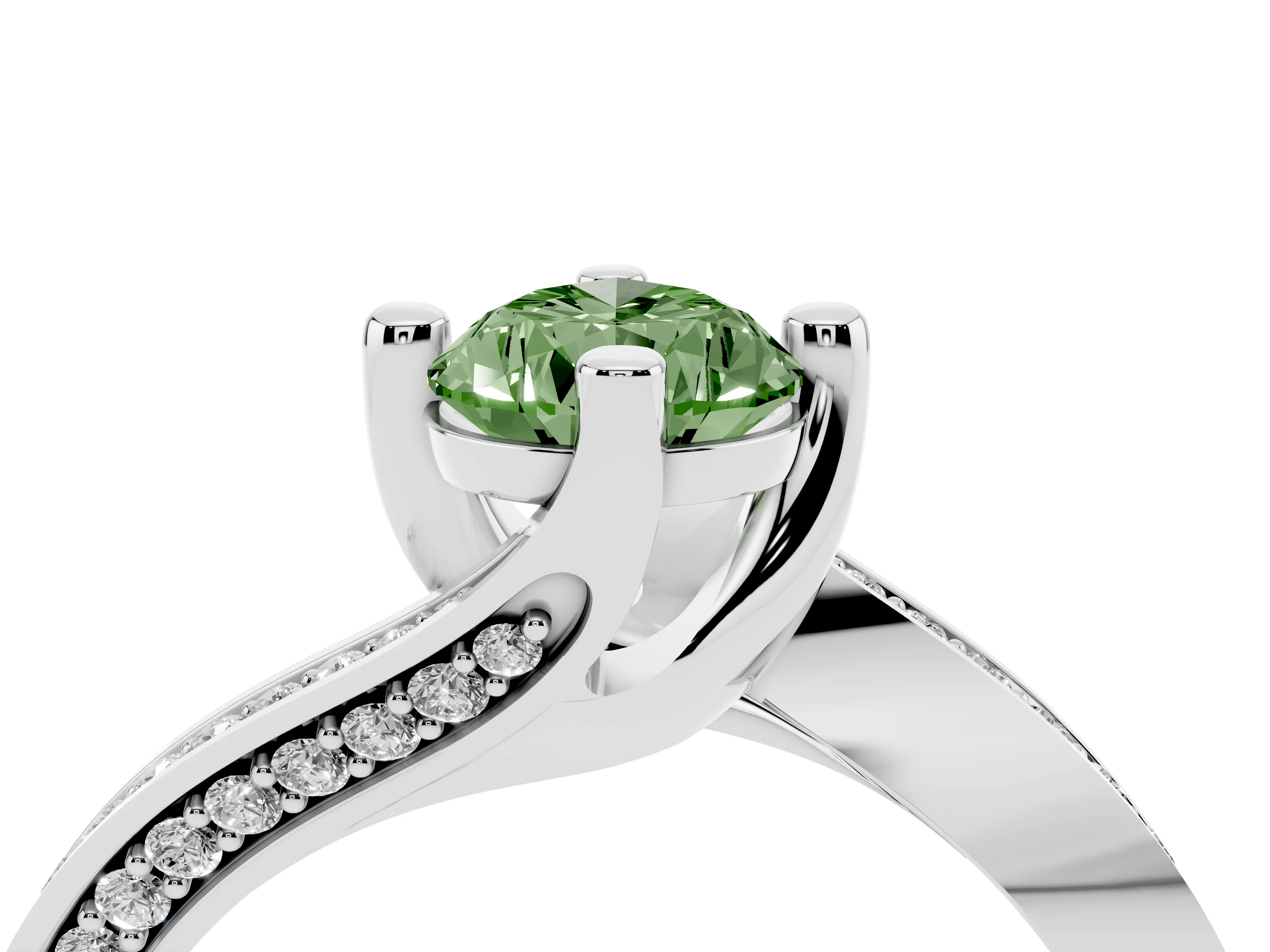 Fancy Green Pear Cut Diamond Solitaire Ring Set in Silver with Intertwined Pavé Twist Band