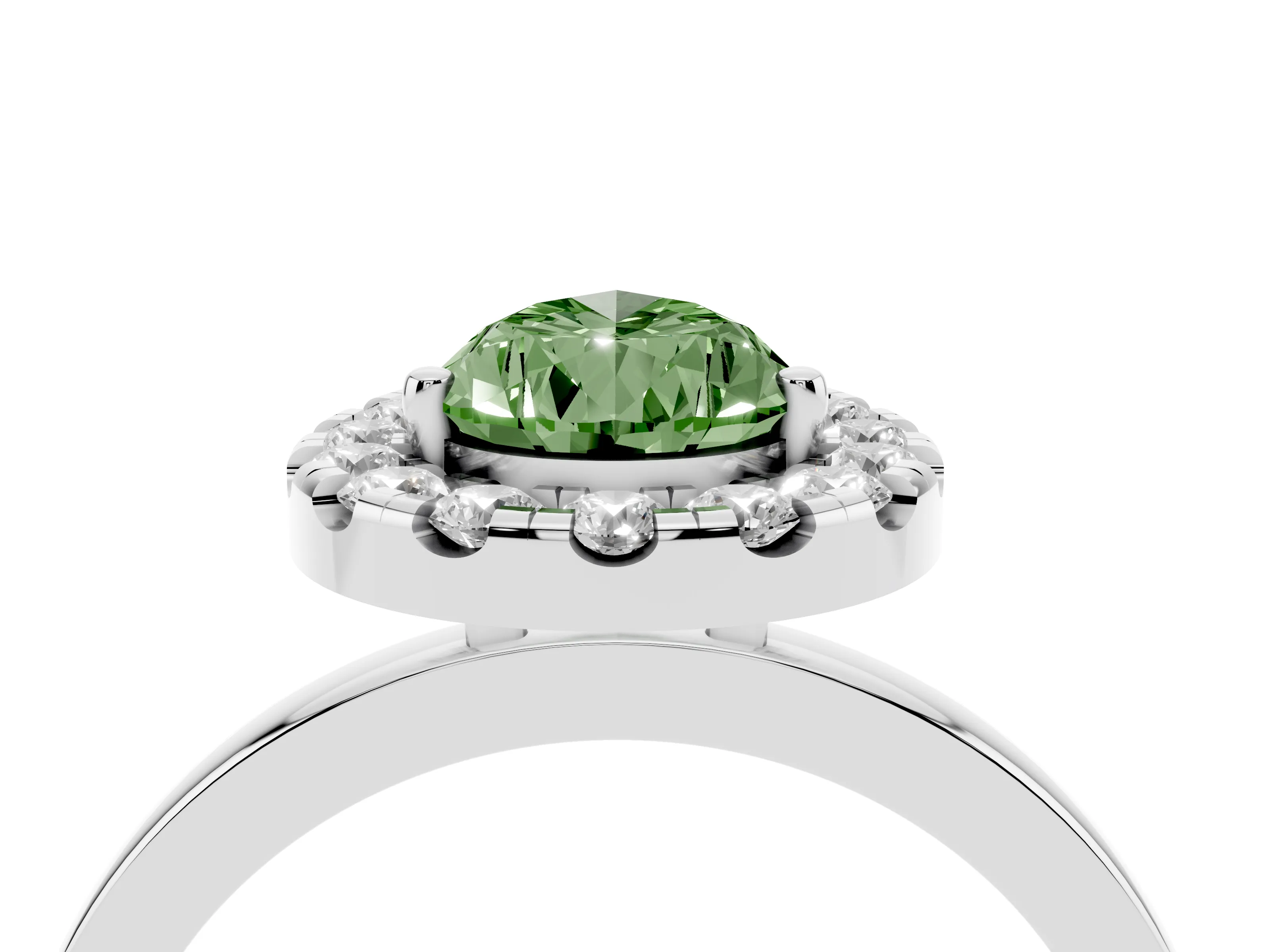Fancy Green Pear Cut Diamond Halo Solitaire Ring Set in Silver with Pavé Band and Prong Setting