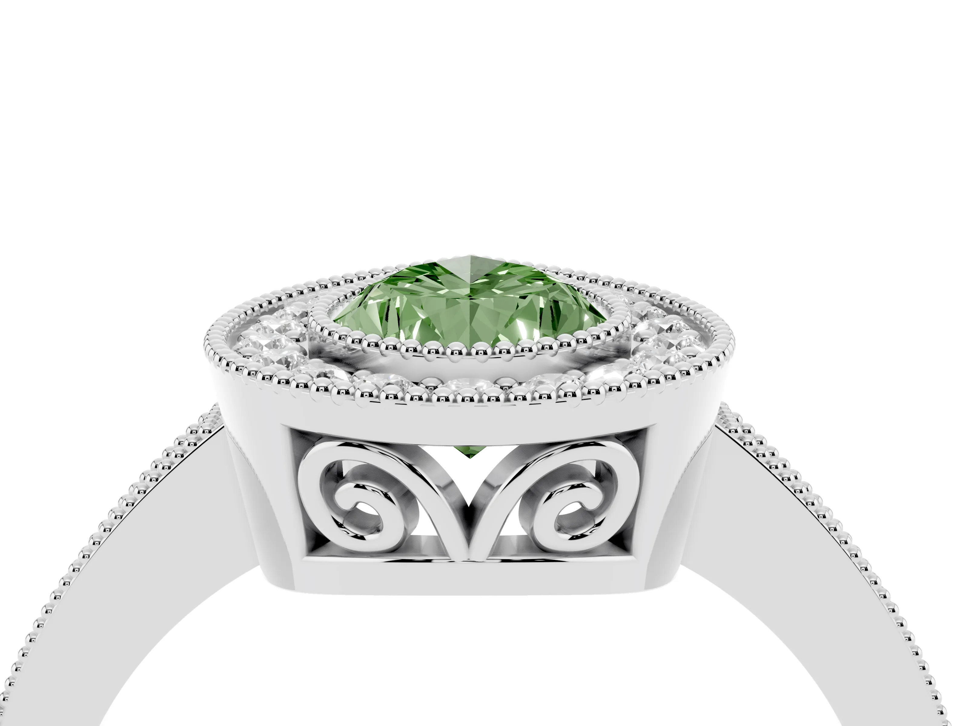 Fancy Green Pear Cut Diamond Halo Ring Set in Platinum with Pavé Band and Milgrain-Edged Prongs