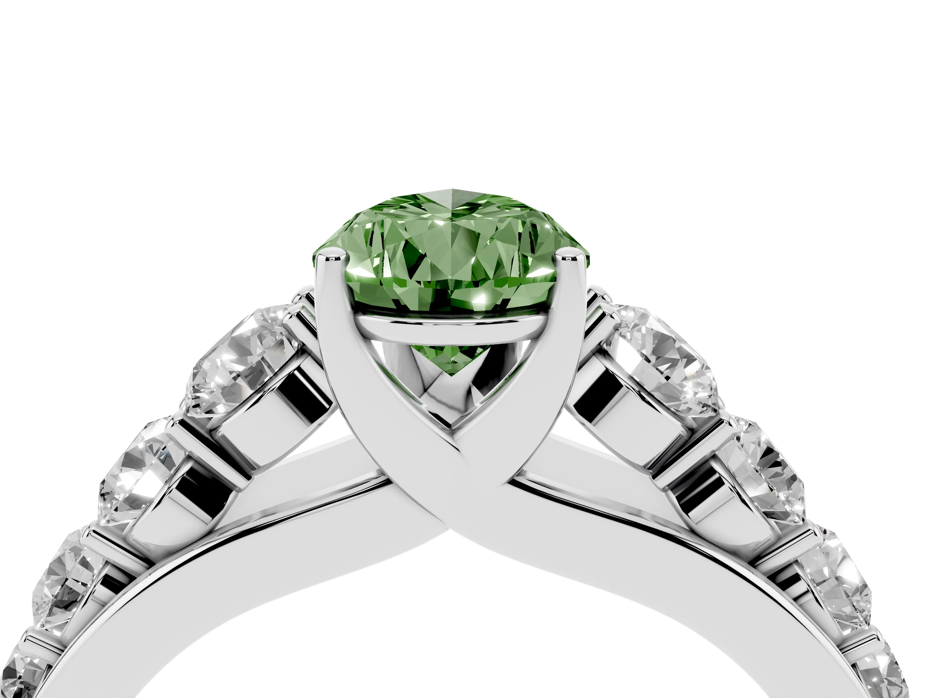 Fancy Green Pear Cut Diamond Solitaire Ring Set in Silver with Pavé-Set Band and Prong Setting