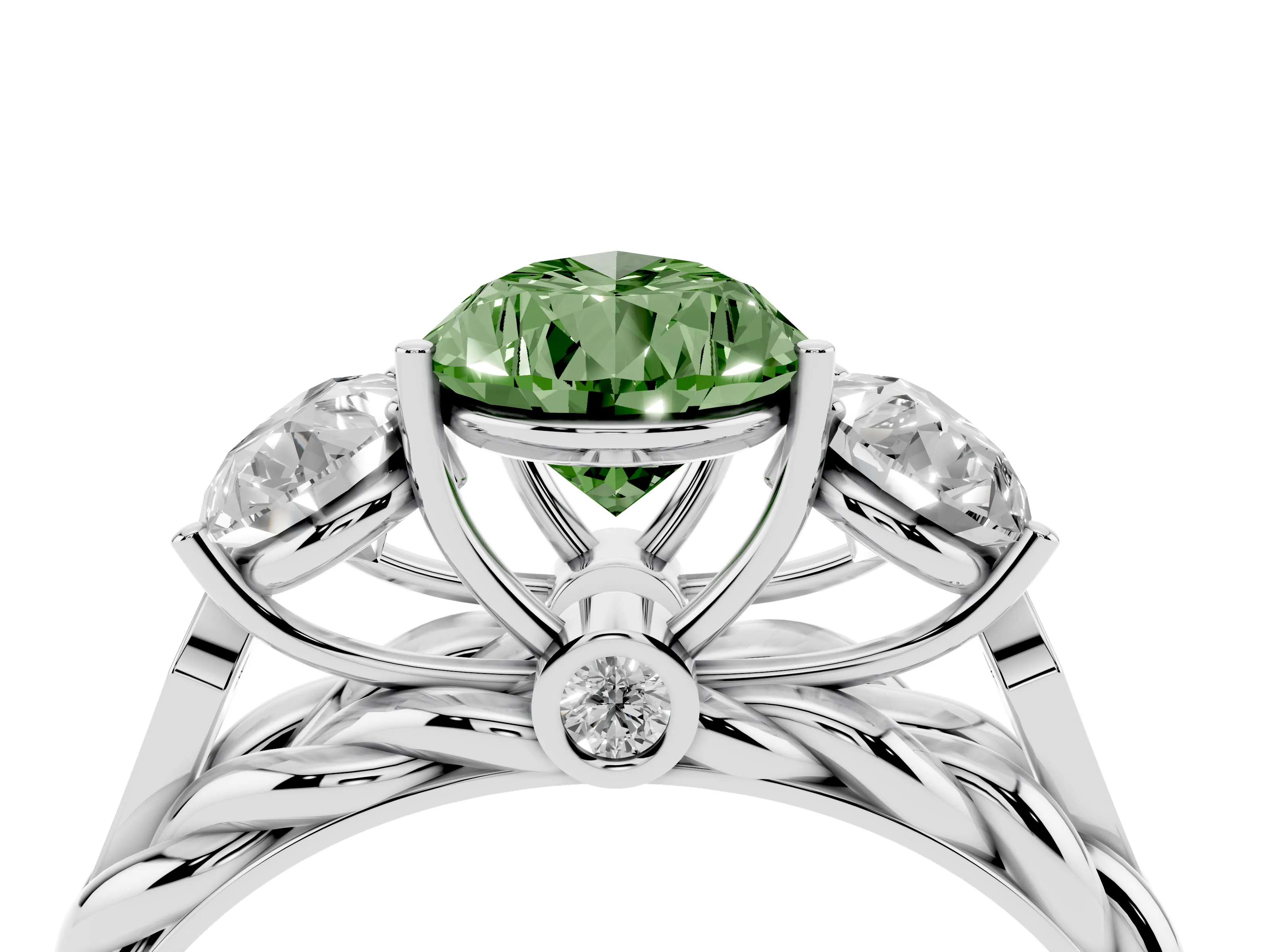 Fancy Green Pear Cut Diamond Three-Stone Ring Set in Platinum with Braided Band