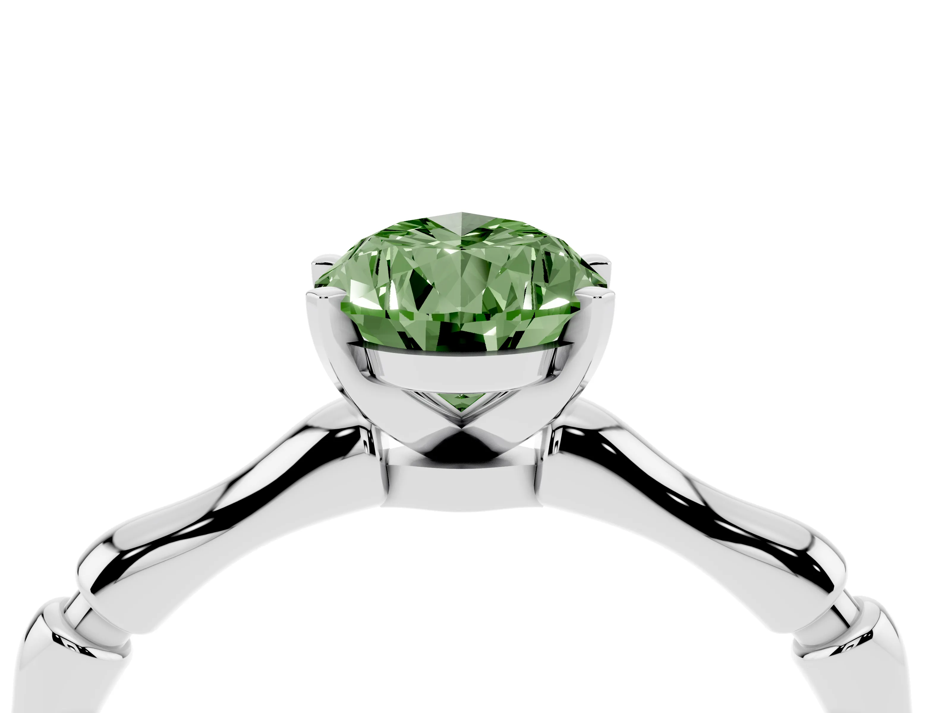 Fancy Green Pear Cut Diamond Solitaire Ring Set in Silver with Bamboo Band and Prong Setting