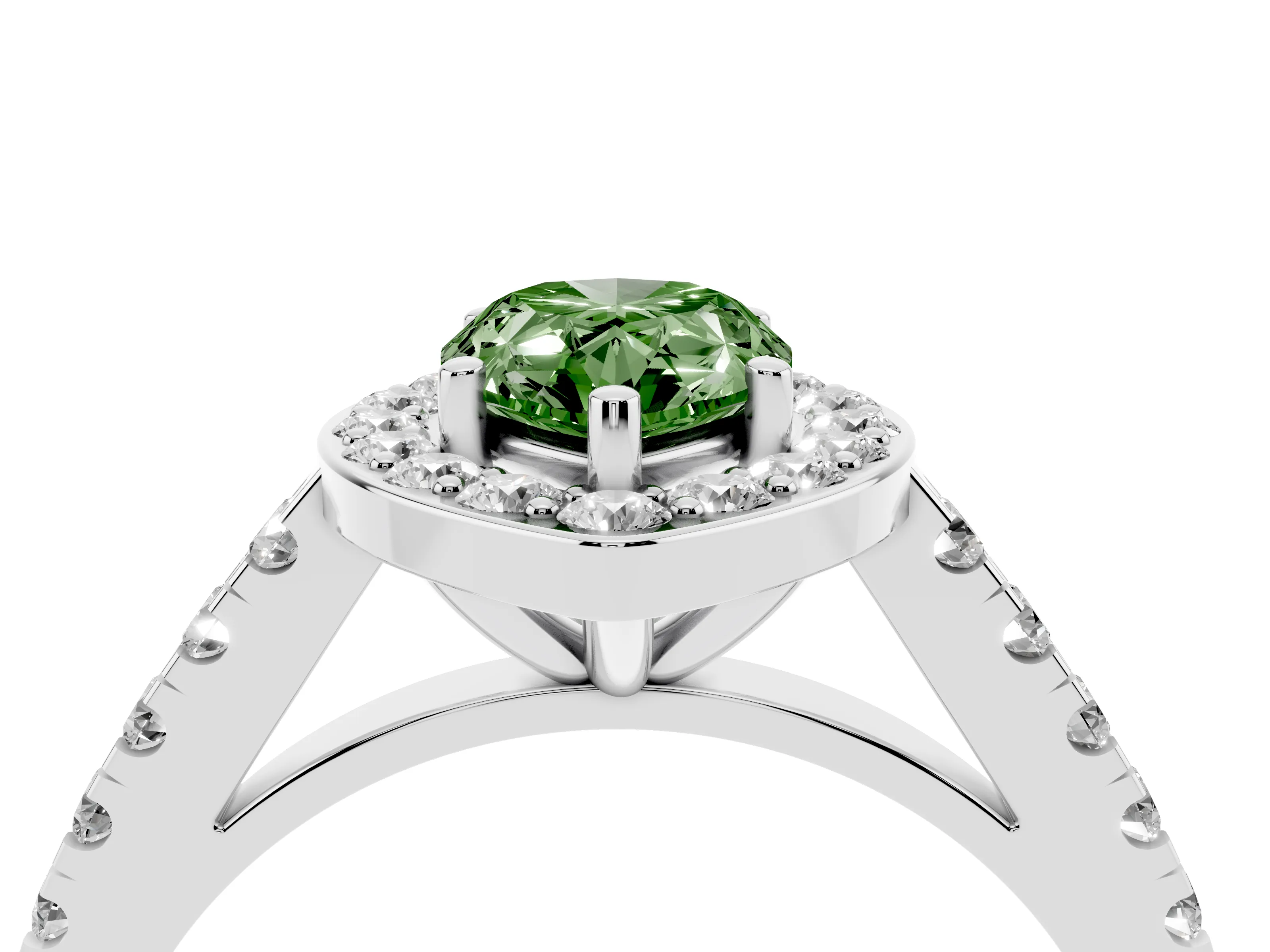 Fancy Green Pear Cut Diamond Halo Ring Set in Silver with Round Pavé Split Shank and Prong Setting