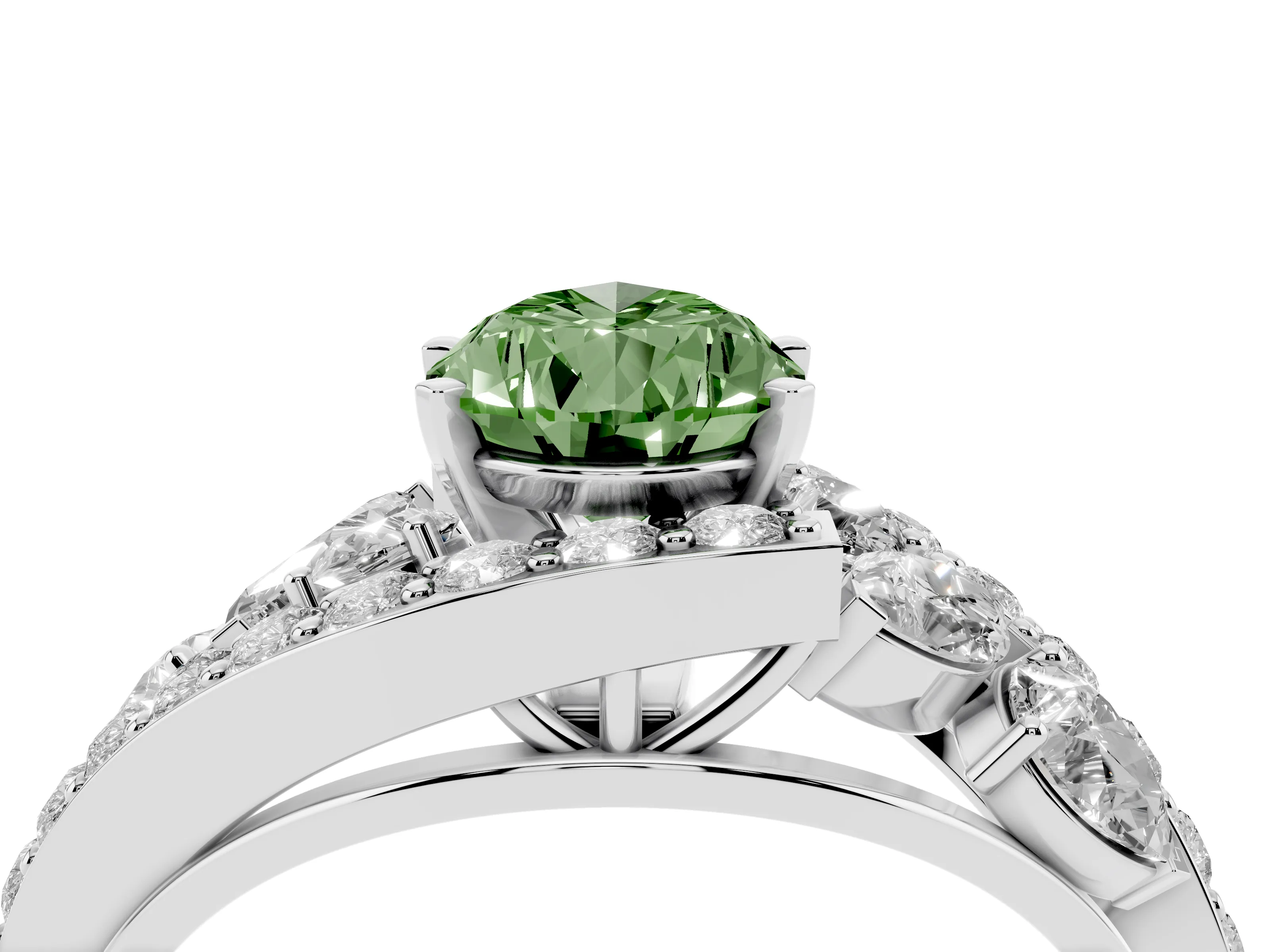 Fancy Green Pear Cut Diamond Halo Ring Set in Platinum with Marquise and Pavé Band in Prong Setting