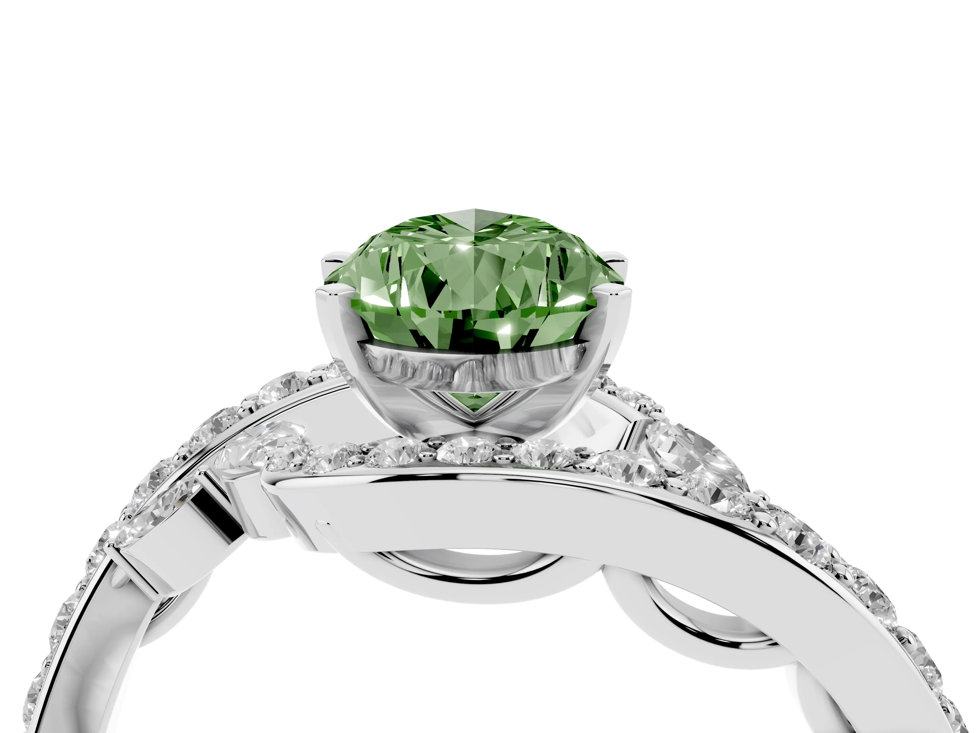 Fancy Green Pear Cut Diamond Solitaire Ring Set in White gold with Pavé Twist Band and Secure Prong Setting