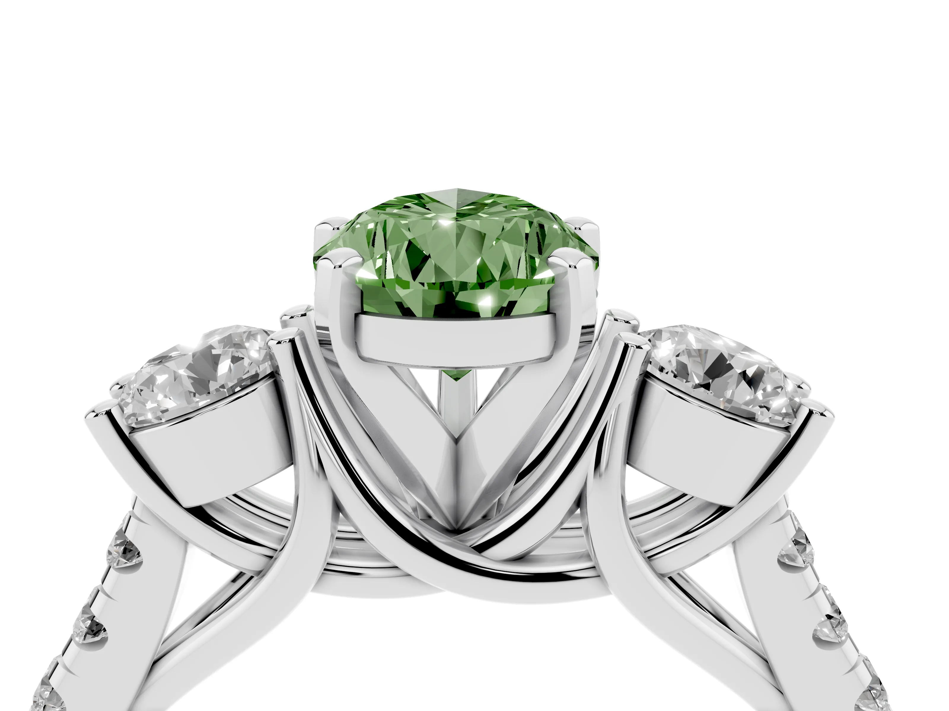 Fancy Green Three-Stone Pear Cut Diamond Pavé Band Ring Set in Silver with Prong-Set Trio