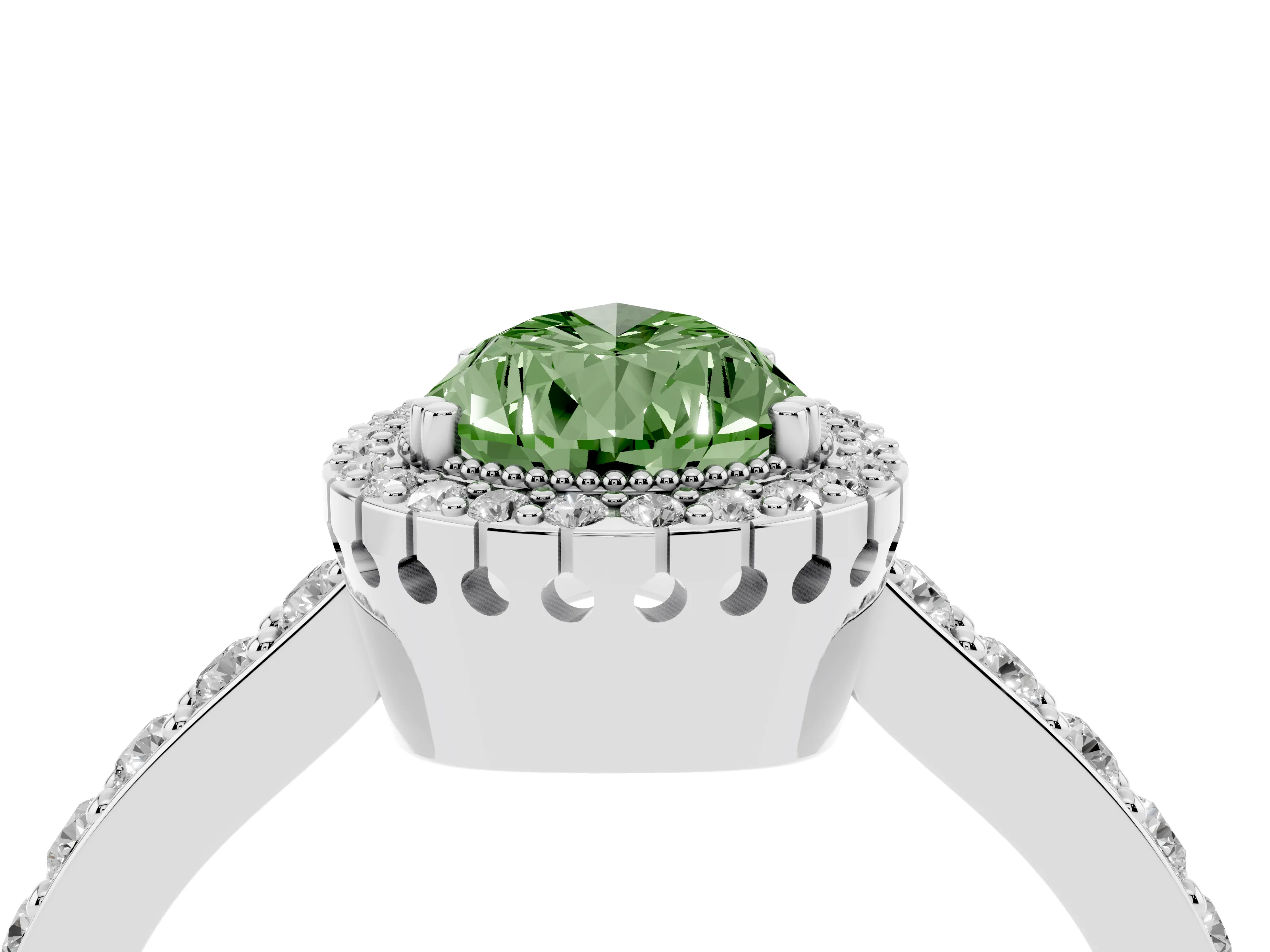 Fancy Green Pear Cut Diamond Halo Engagement Ring Set in Platinum with Milgrain Detail and Pavé Band