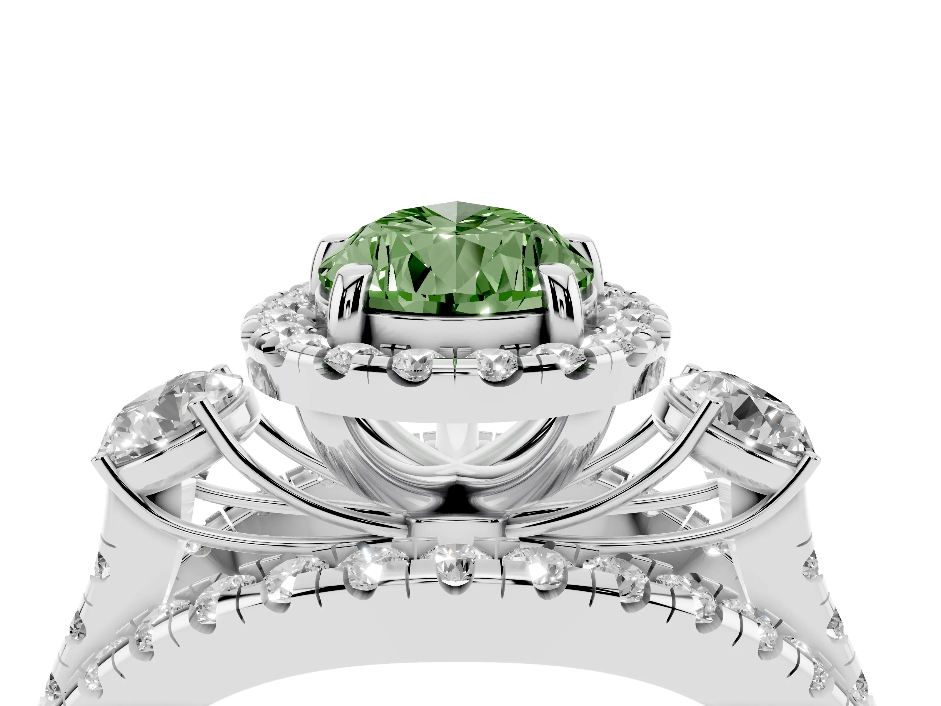 Fancy Green Pear Cut Diamond Halo Split Shank Ring Set in White gold with Round Accent Stones and Prong Setting