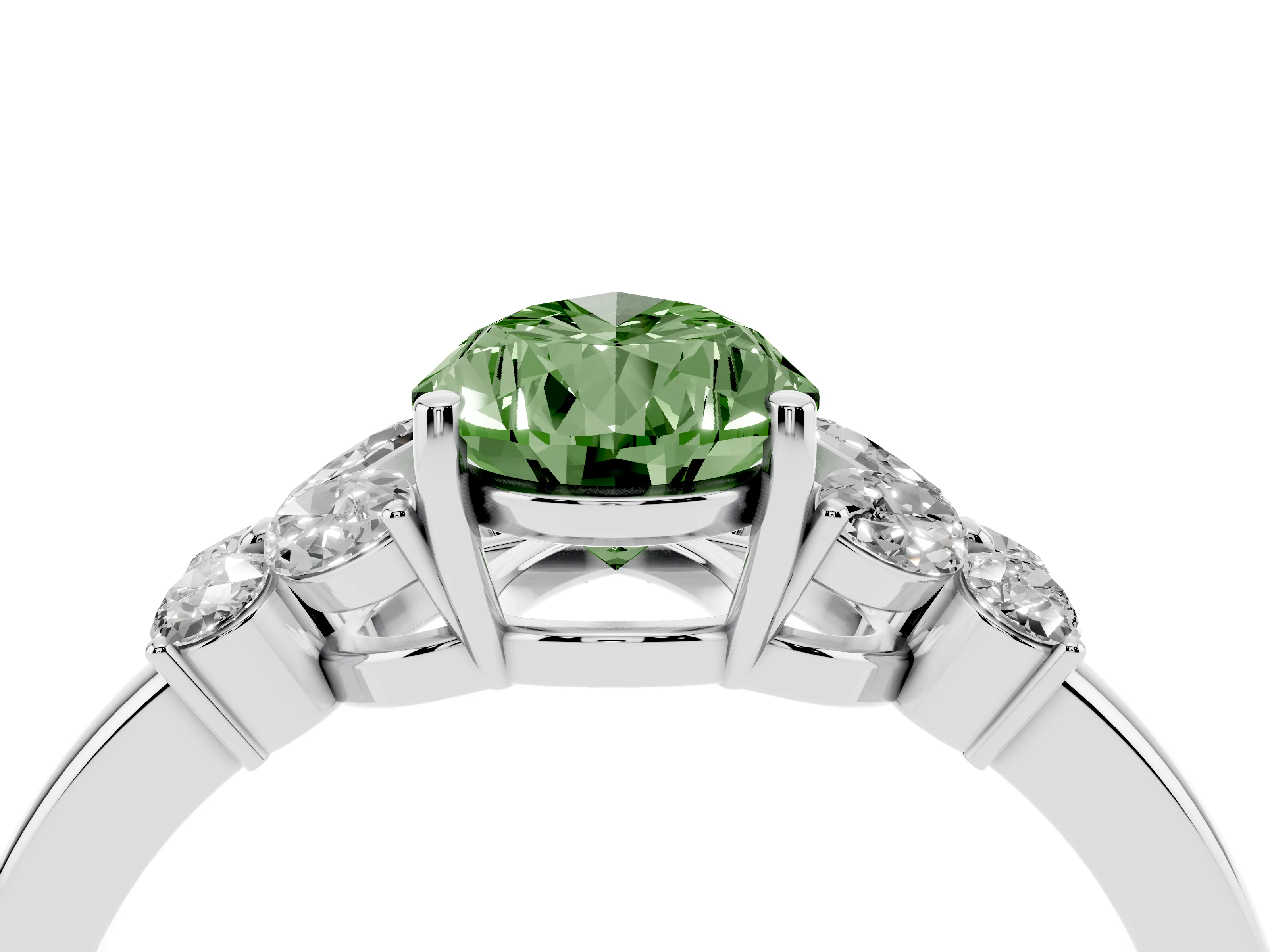 Fancy Green Pear Cut Diamond Solitaire Floral Ring Set in Silver with Marquise Petals and Prong Setting