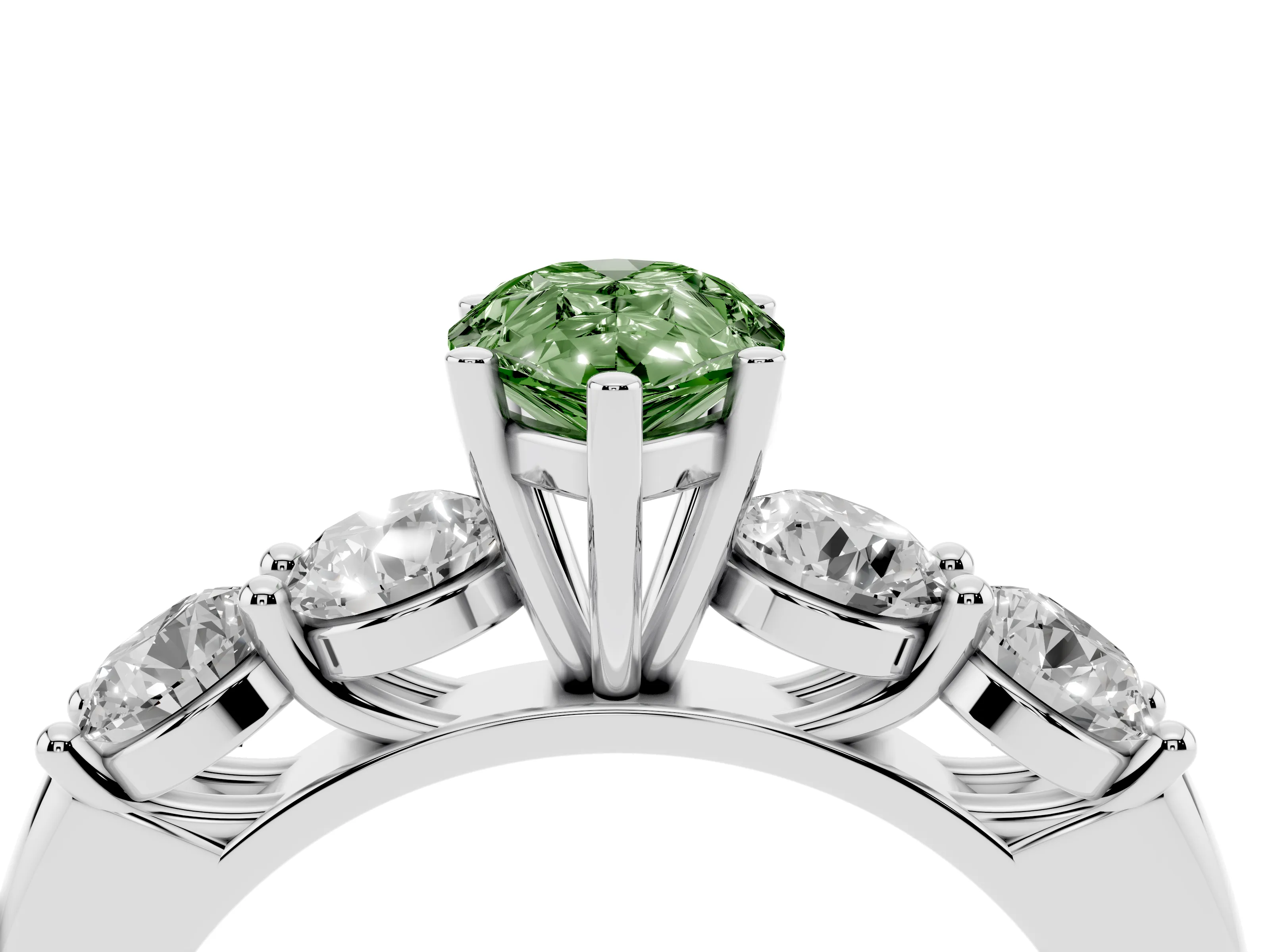 Fancy Green Pear Cut Diamond Five-Stone Prong Set Ring Set in White gold with Classic Band