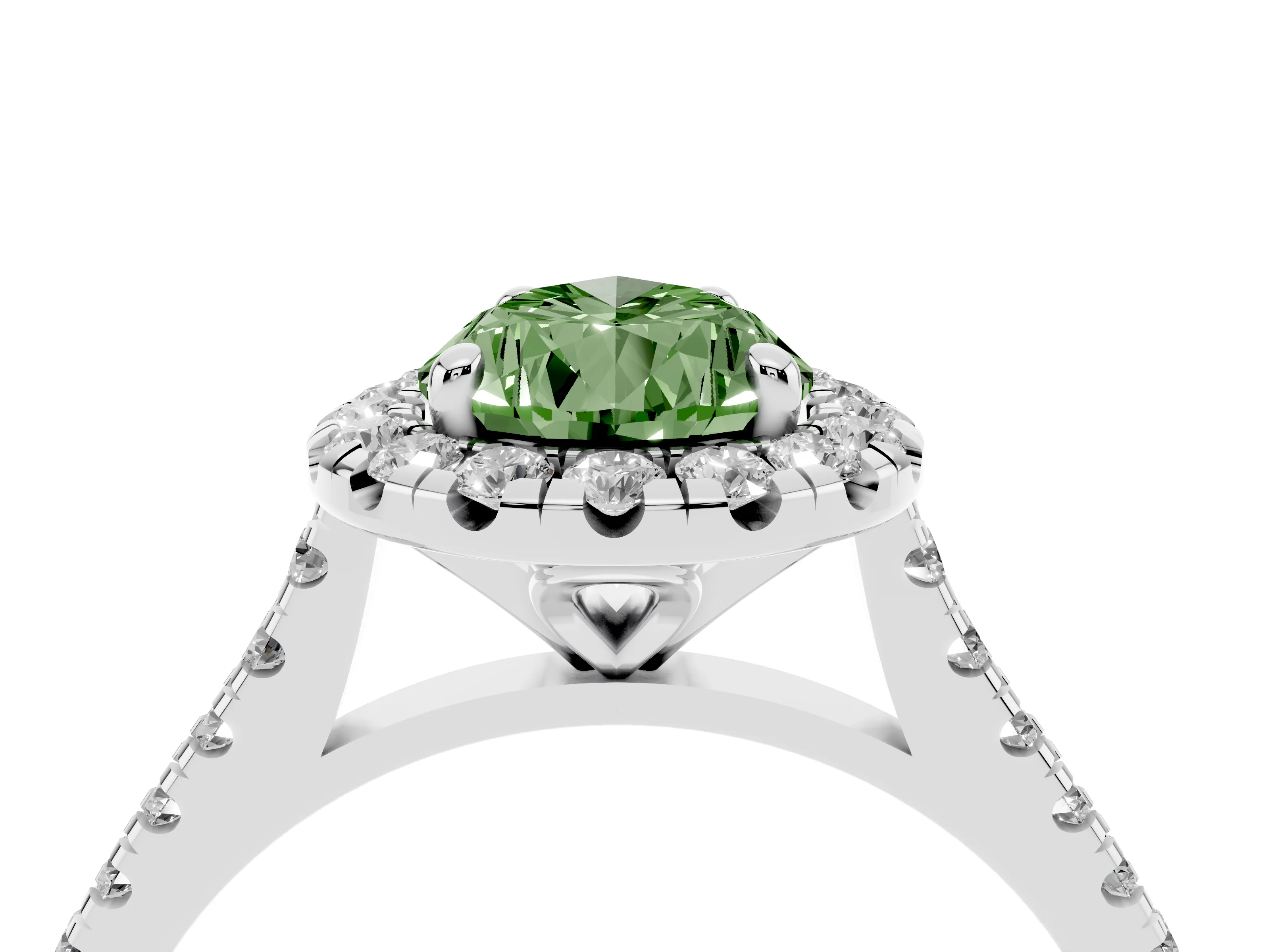 Fancy Green Pear Cut Diamond Cushion Halo Ring Set in White gold with Pavé Band