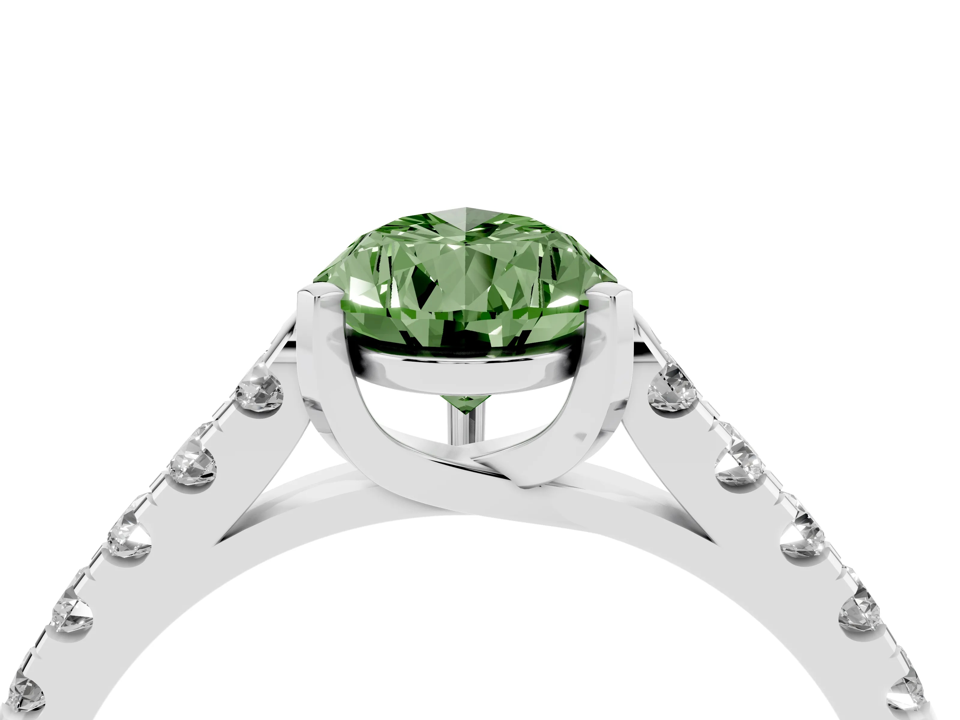 Fancy Green Pear Cut Diamond Pavé Band Solitaire Ring Set in White gold with Partway Accent Stones and Prong Setting