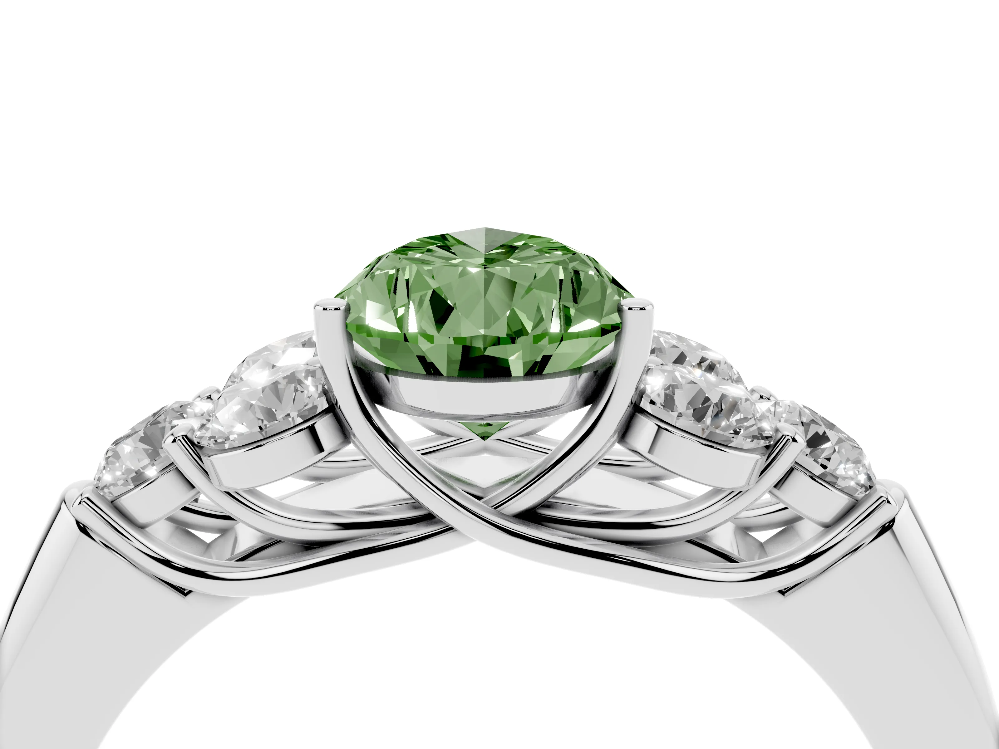 Fancy Green Pear Cut Diamond Cluster Ring Set in Silver with Round Accent Stones and Prong Setting on a Plain Band