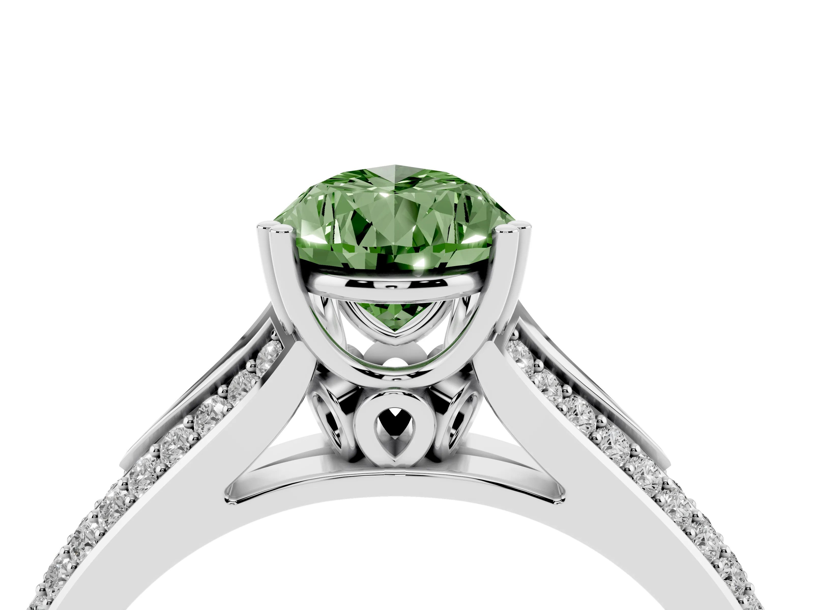 Fancy Green Pear Cut Diamond Split Shank Pavé Engagement Ring Set in Platinum with Prong-Set Center Stone