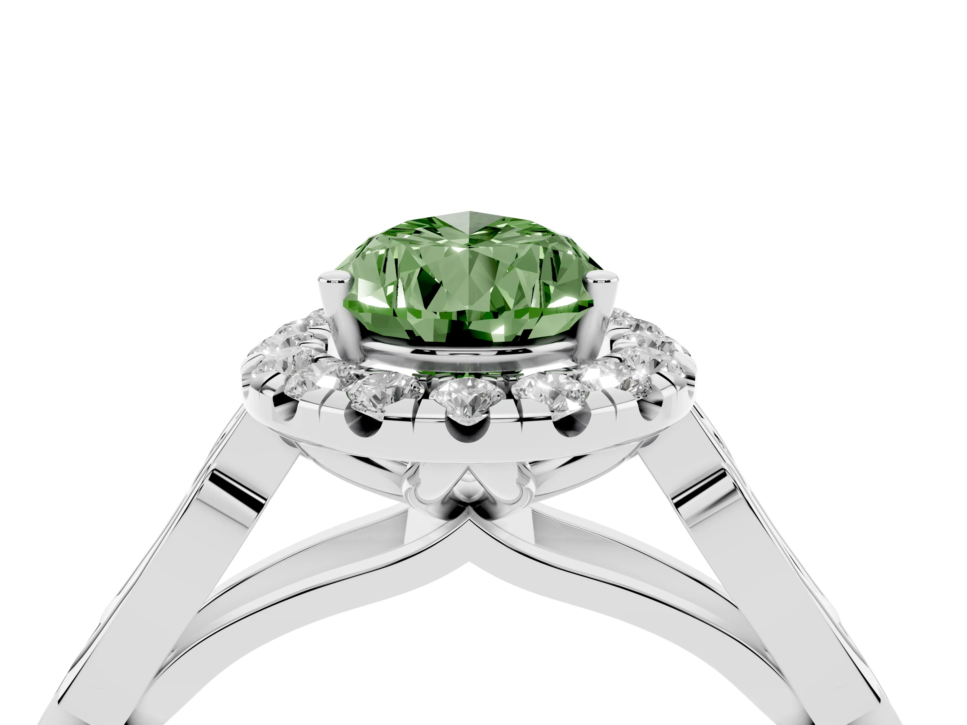 Fancy Green Pear Cut Diamond Halo Engagement Ring Set in Platinum with Filigree Band and Prong-Set Center